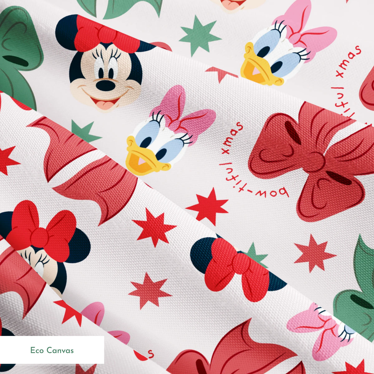Disney pattern with Minnie Mouse and Daisy Duck characters, green and red bows, and green stars on light background. springs ecocanvas texture