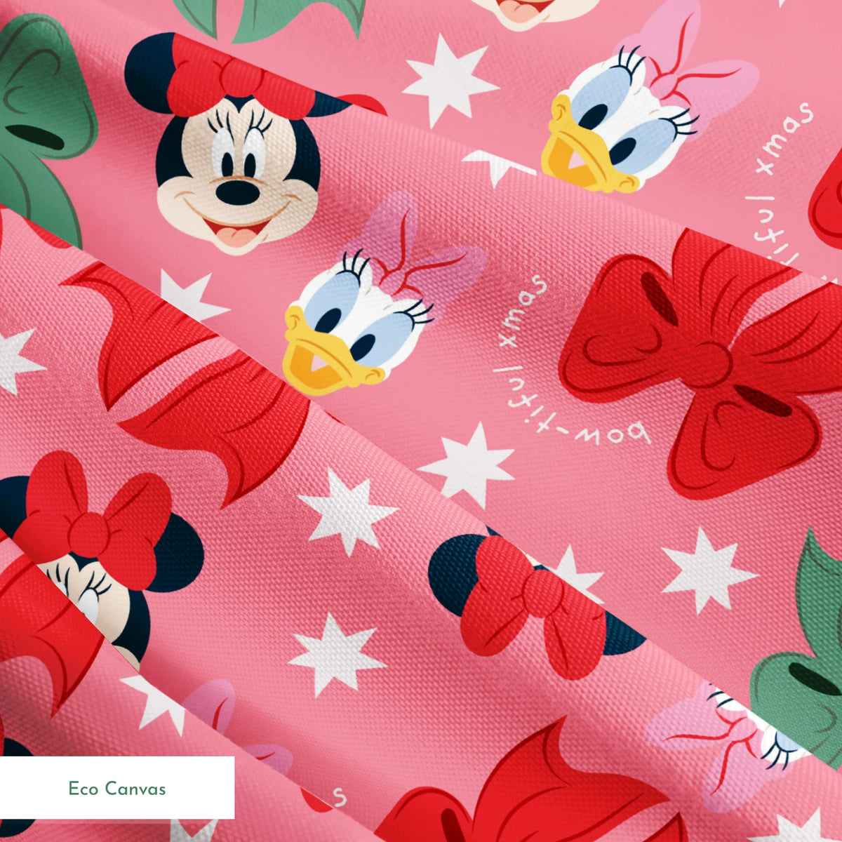 Disney character pattern with Mickey and Minnie Mouse, Donald Duck, bows in red and green on pink background with white stars springs ecocanvas texture