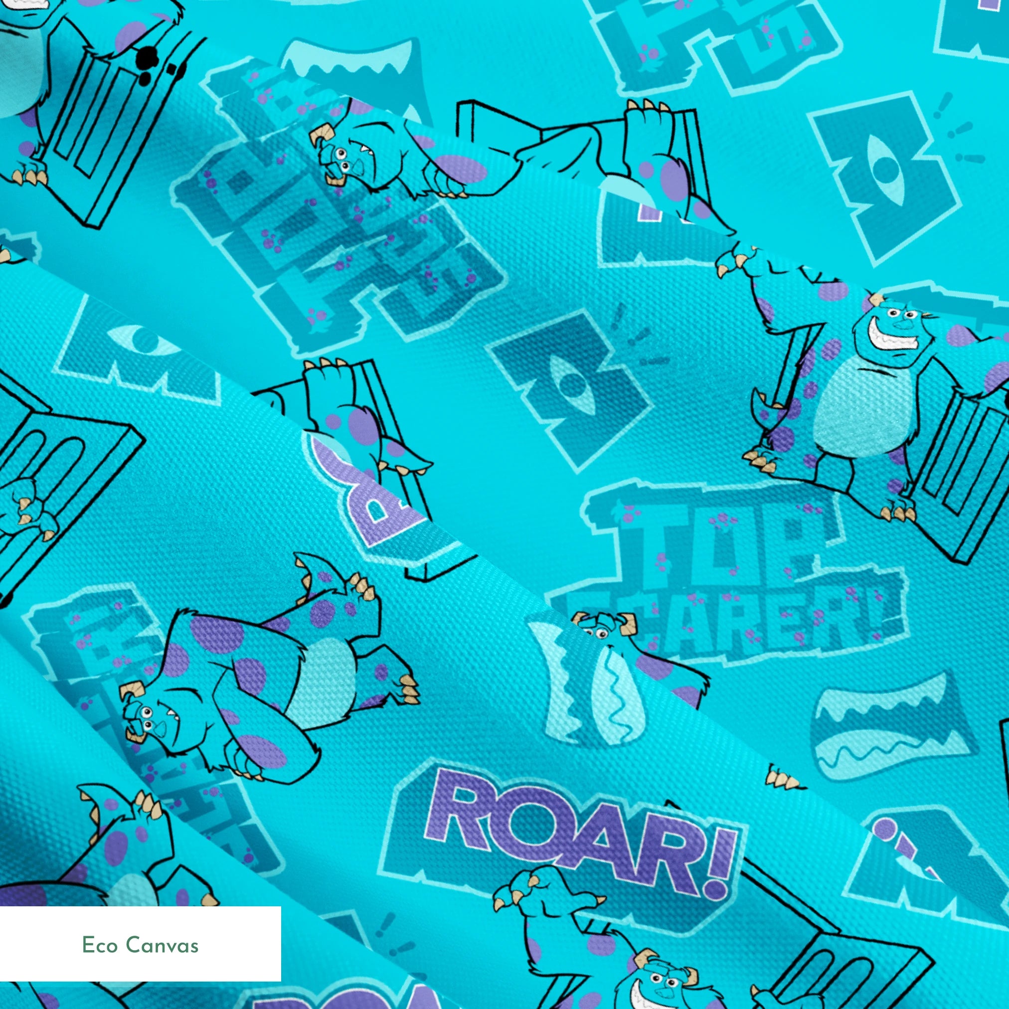 Monsters Inc's Sulley with "Roar" text and doorway motifs from movie springs ecocanvas texture