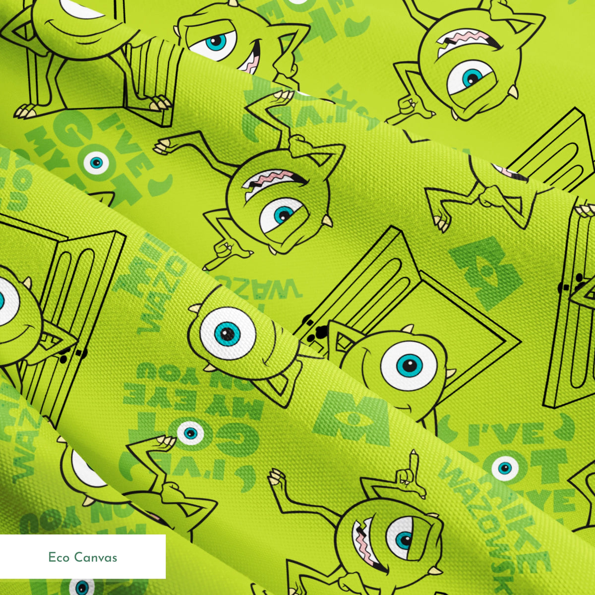 Green background with repeating Mike Wazowski in black outlines. springs ecocanvas texture