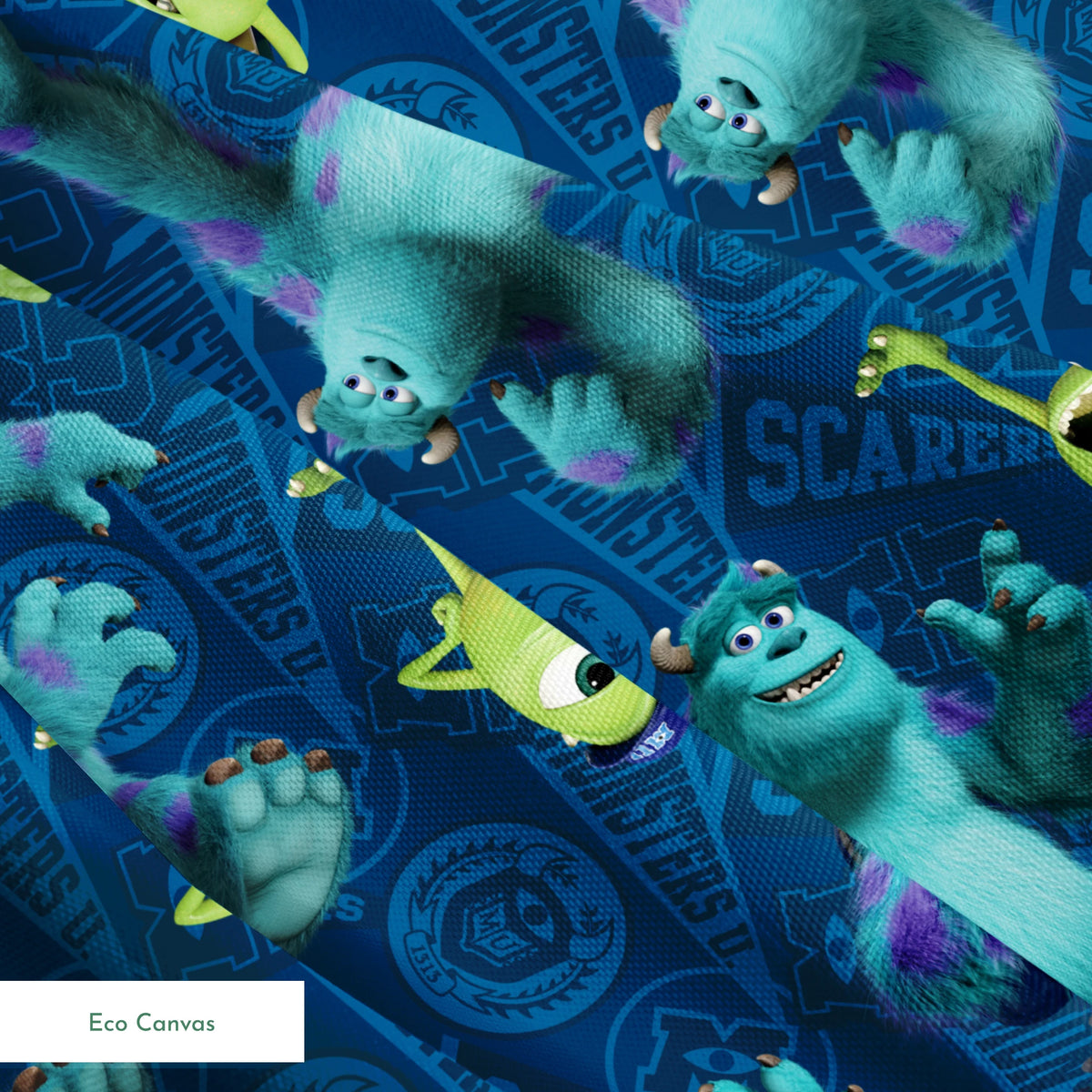 Monsters Inc characters pattern with Mike Wazowski and Sully on blue background springs ecocanvas texture
