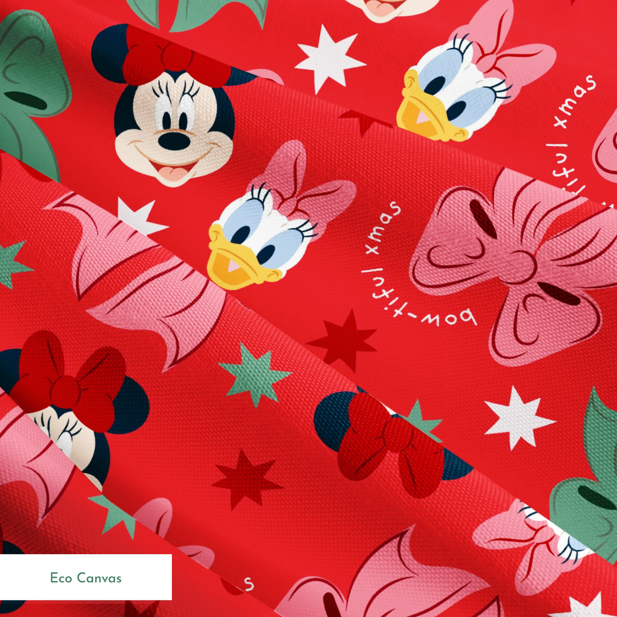 Disney character pattern with Minnie Mouse, Mickey Mouse and Donald Duck on red background with bows and stars springs ecocanvas texture