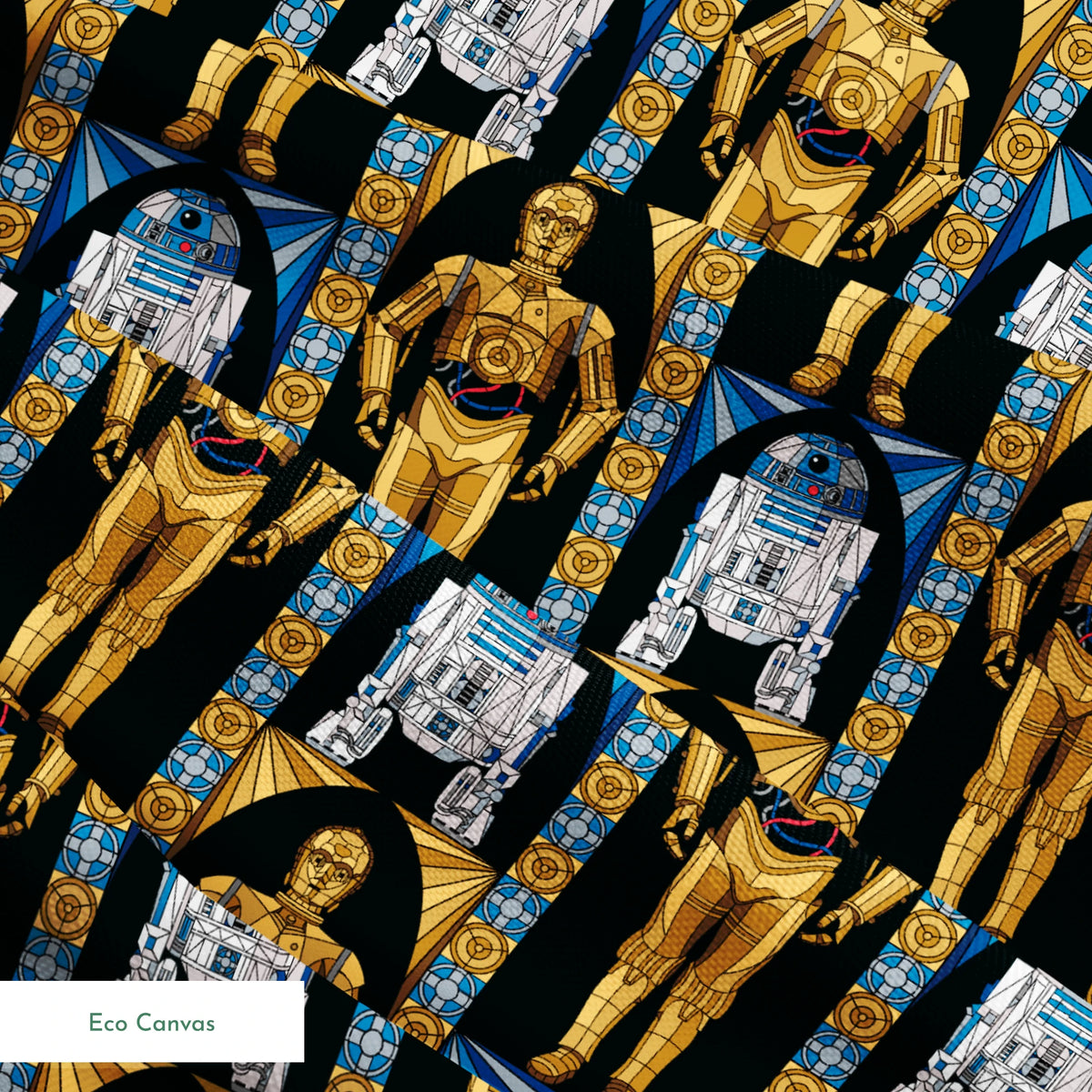 Repeating pattern of golden droid and blue-white astromech droid characters from Star Wars on black background with decorative borders springs ecocanvas texture