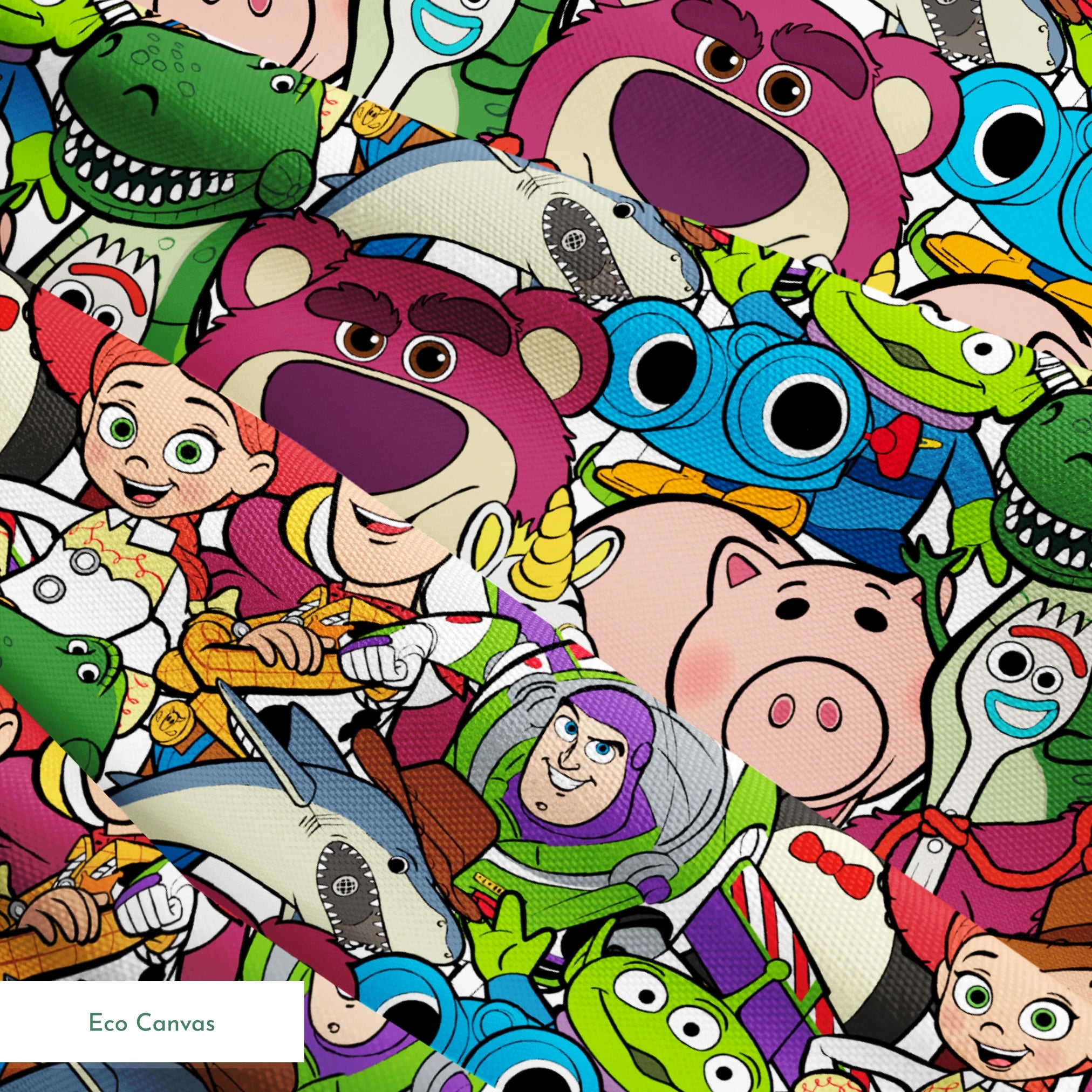 Colorful collage of Pixar and Disney animated characters including Toy Story, Monsters Inc, and other iconic cartoon figures springs ecocanvas texture