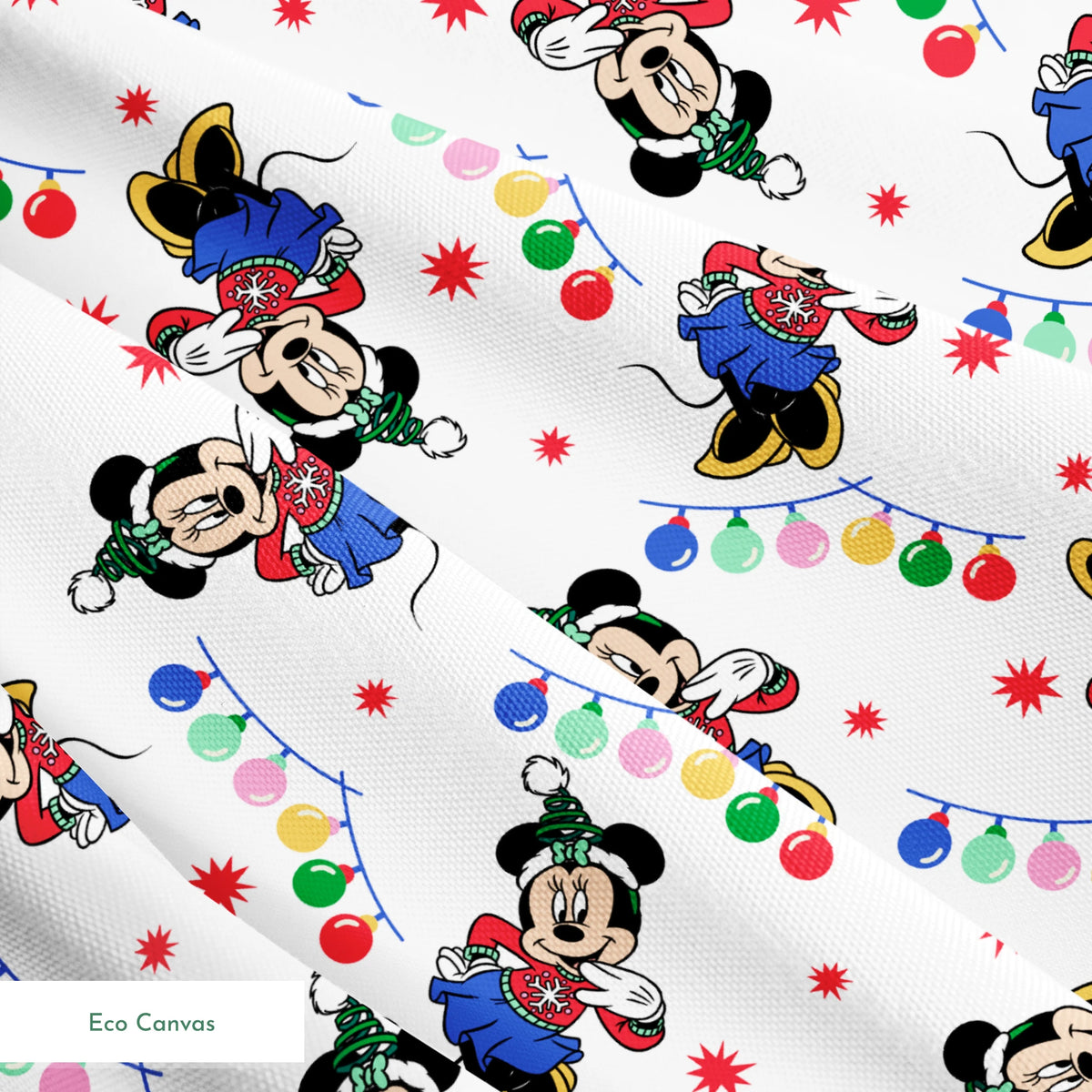 Minnie Mouse in Santa hats with blue outfits surrounded by colorful string lights and red stars on white background springs ecocanvas texture