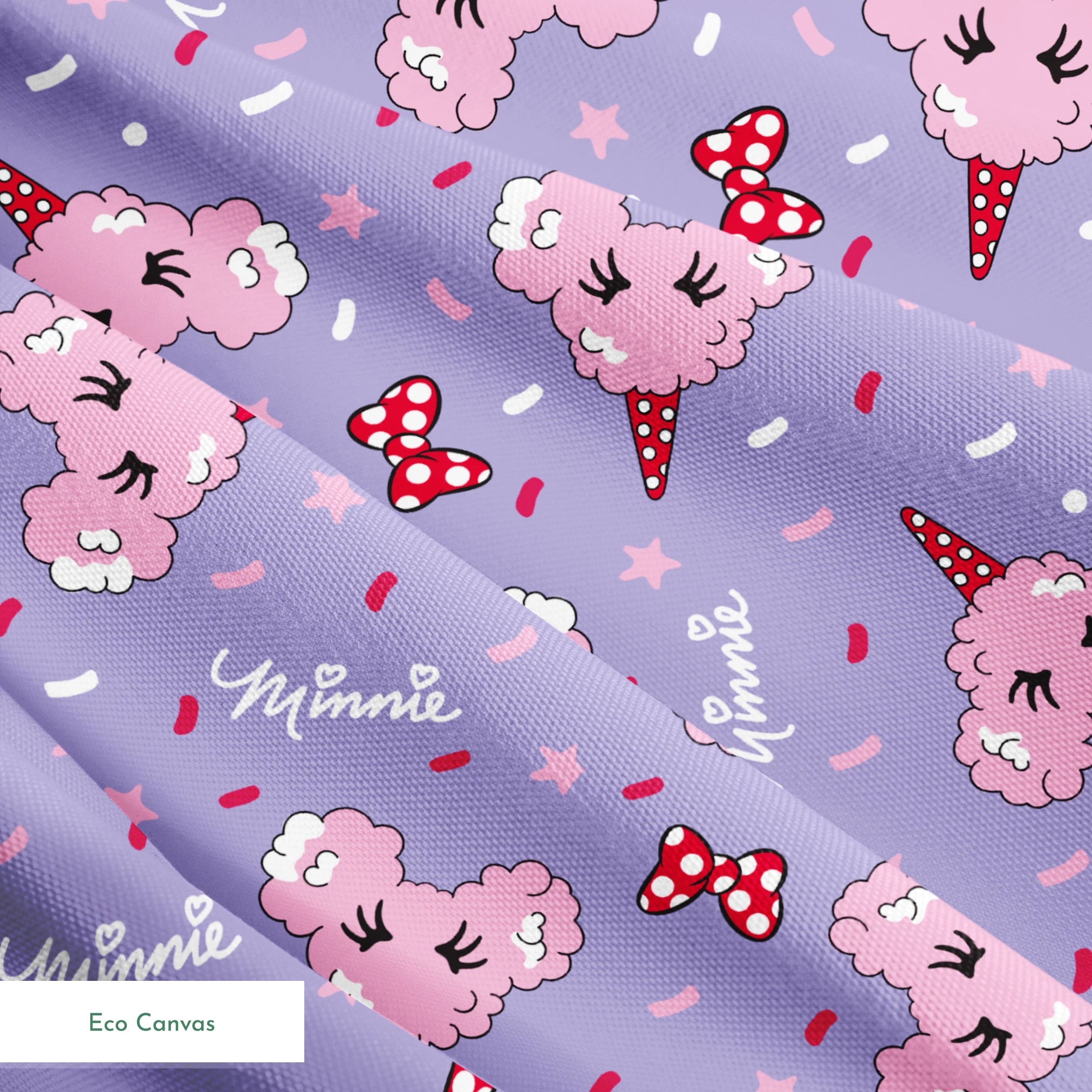 Pink Disney-inspired cotton candy and bows on purple background with confetti and stars springs ecocanvas texture
