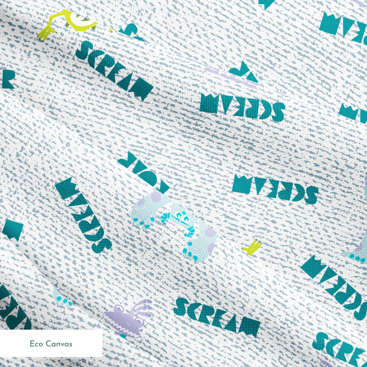 Monsters Inc pattern with teal "SCREAM" text, Mike Wazowski and Sulley on light textured background springs ecocanvas texture