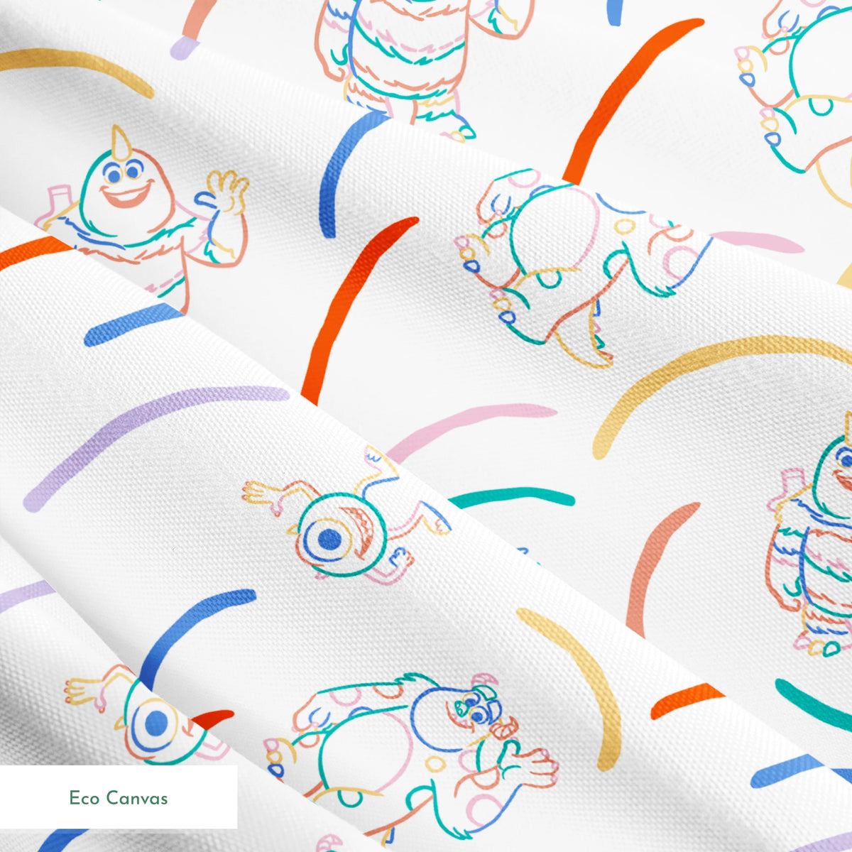 Colorful line drawing pattern with Monsters Inc characters  surrounded by curved arcs in rainbow colors springs ecocanvas texture