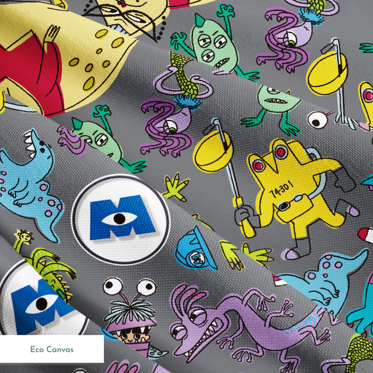 Colorful Monsters Inc pattern with various whimsical creatures in yellow, blue, green, and purple on a gray background. springs ecocanvas texture