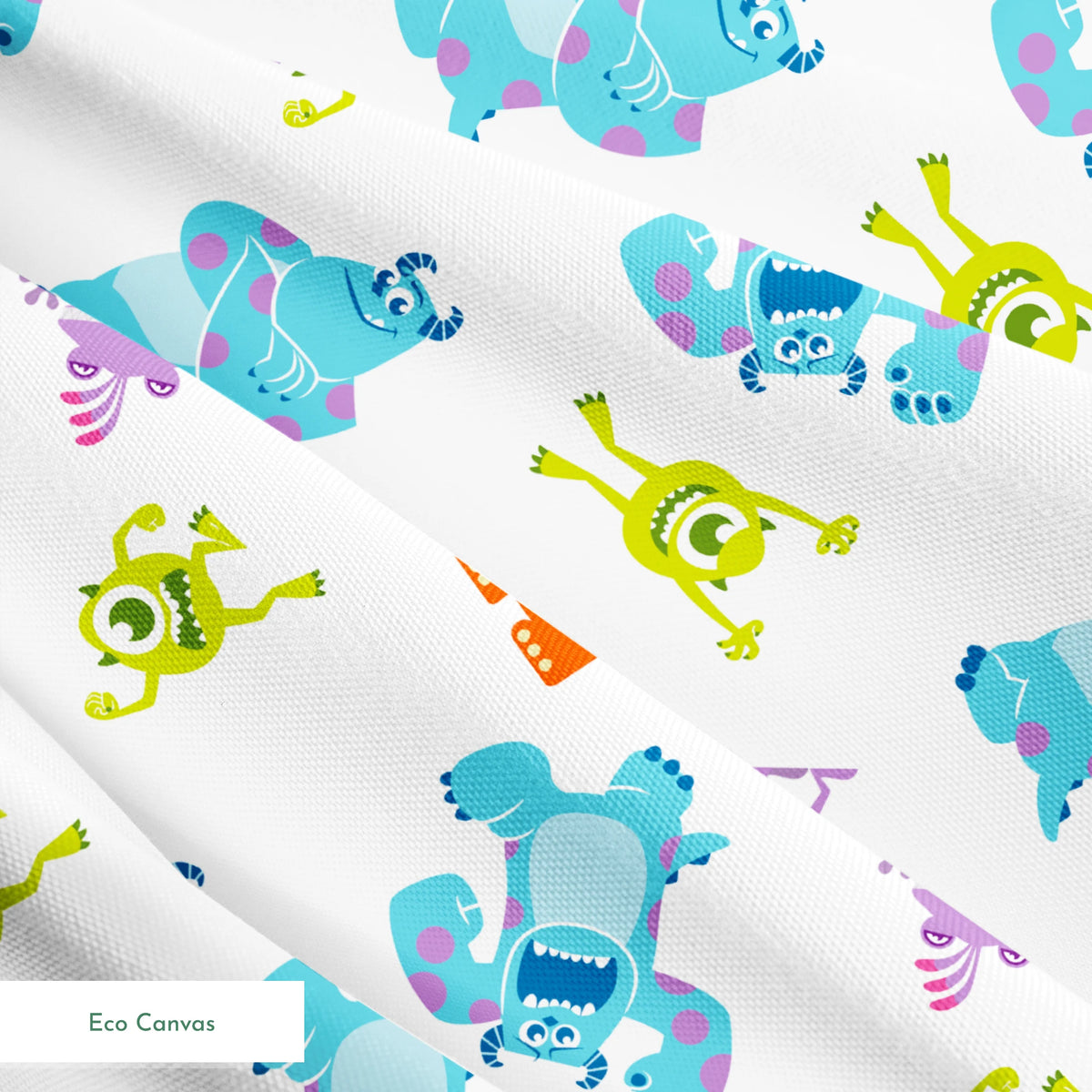 Cartoon monsters pattern with colorful characters - blue, green, purple and orange creatures on white background springs ecocanvas texture