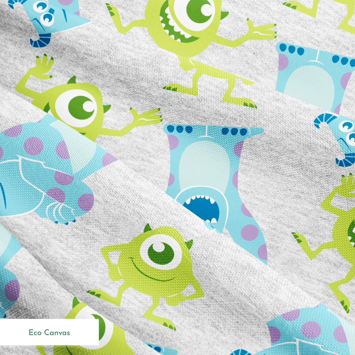 Cartoon pattern of Monsters Inc characters on light gray background springs ecocanvas texture