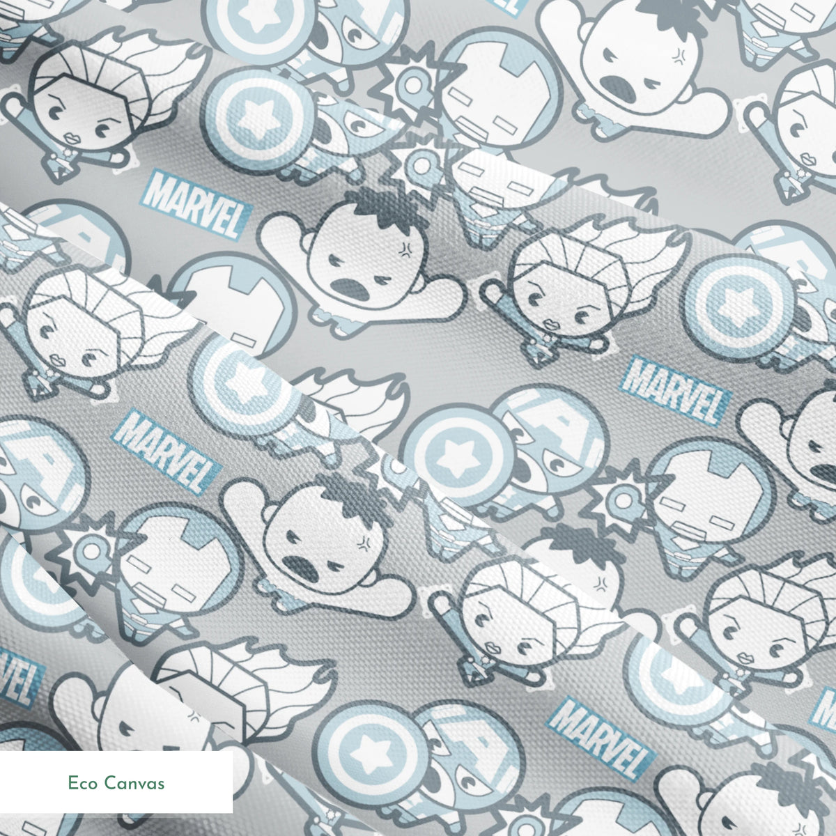 Cute cartoon Marvel superhero pattern with simplified characters and icons on gray background springs ecocanvas texture