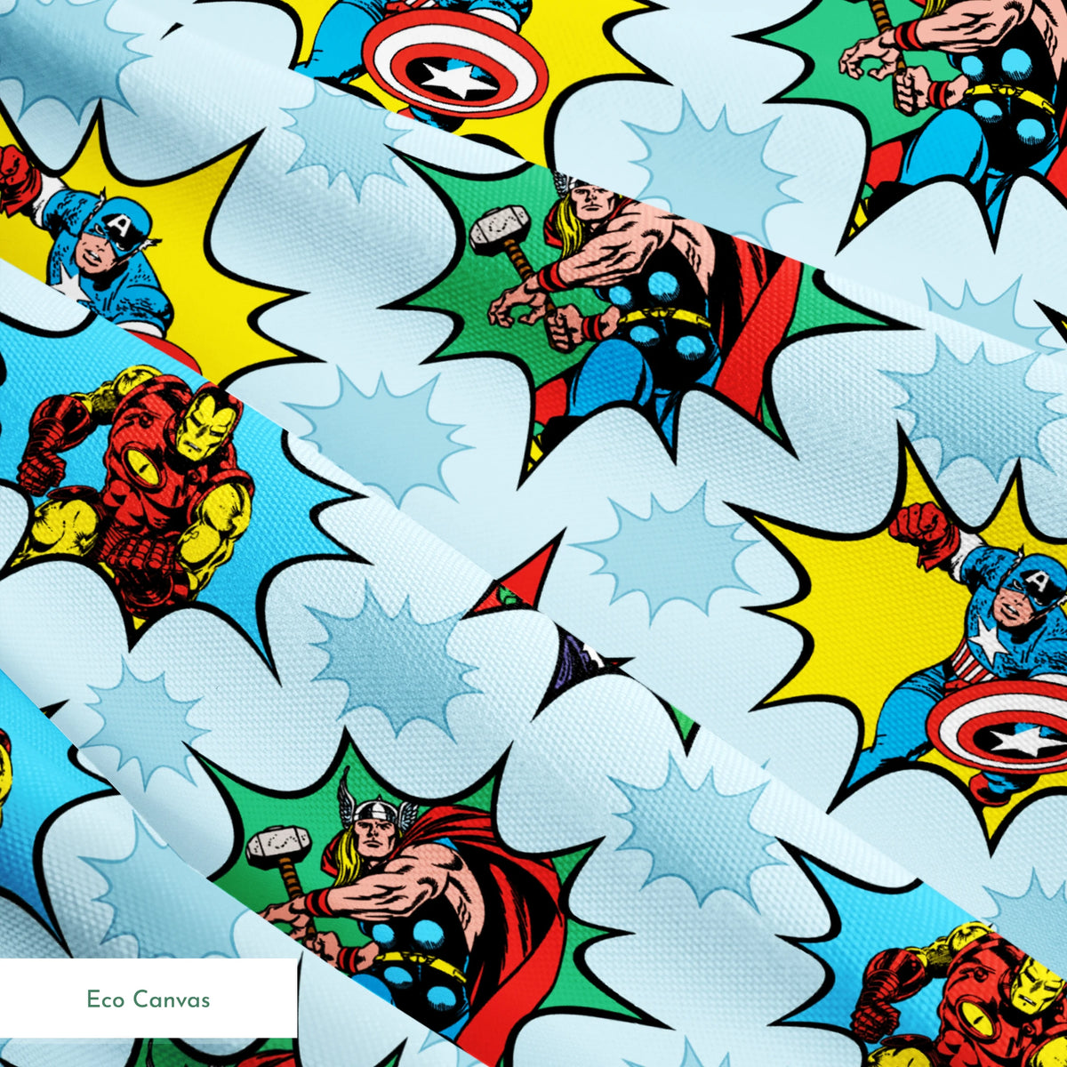 Marvel superhero pattern with Captain America, Iron Man, and Hulk in colorful burst designs on a blue background. springs ecocanvas texture