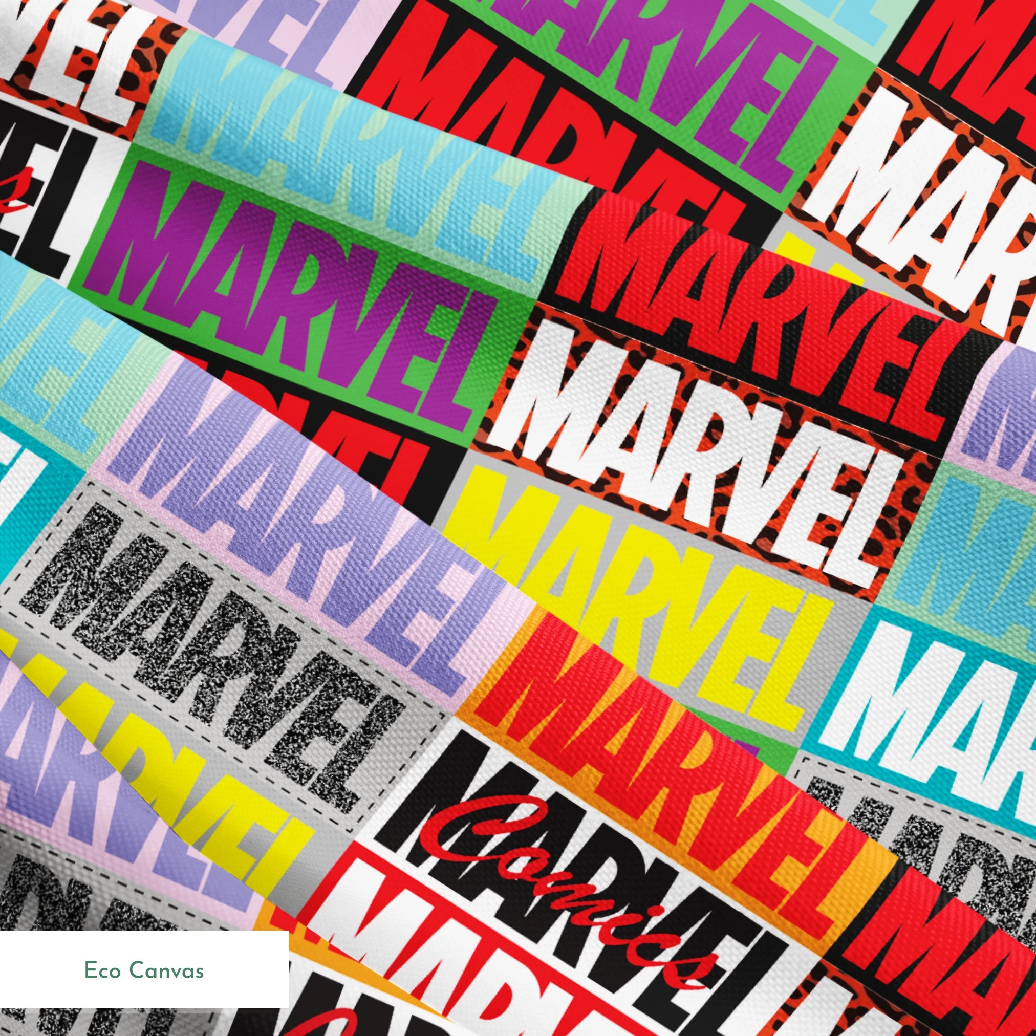 Colorful grid pattern of Marvel logos in various colors including red, blue, yellow, teal, purple, and gray against contrasting backgrounds springs ecocanvas texture
