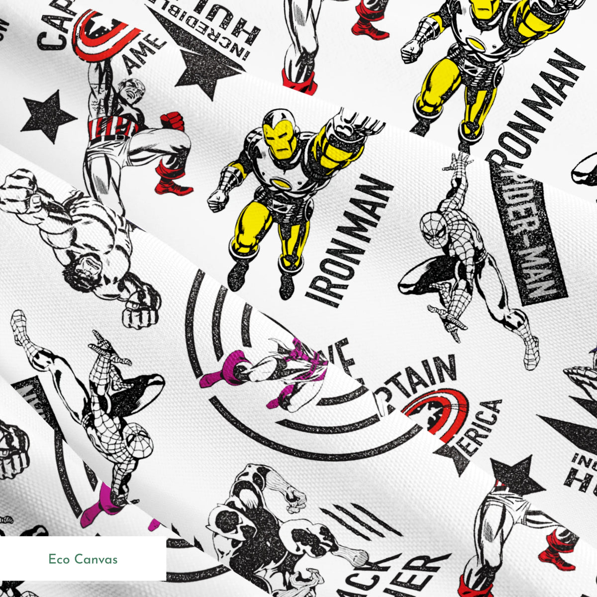 Marvel superheroes pattern with Iron Man, Captain America, Hulk, and Black Panther on white background springs ecocanvas texture