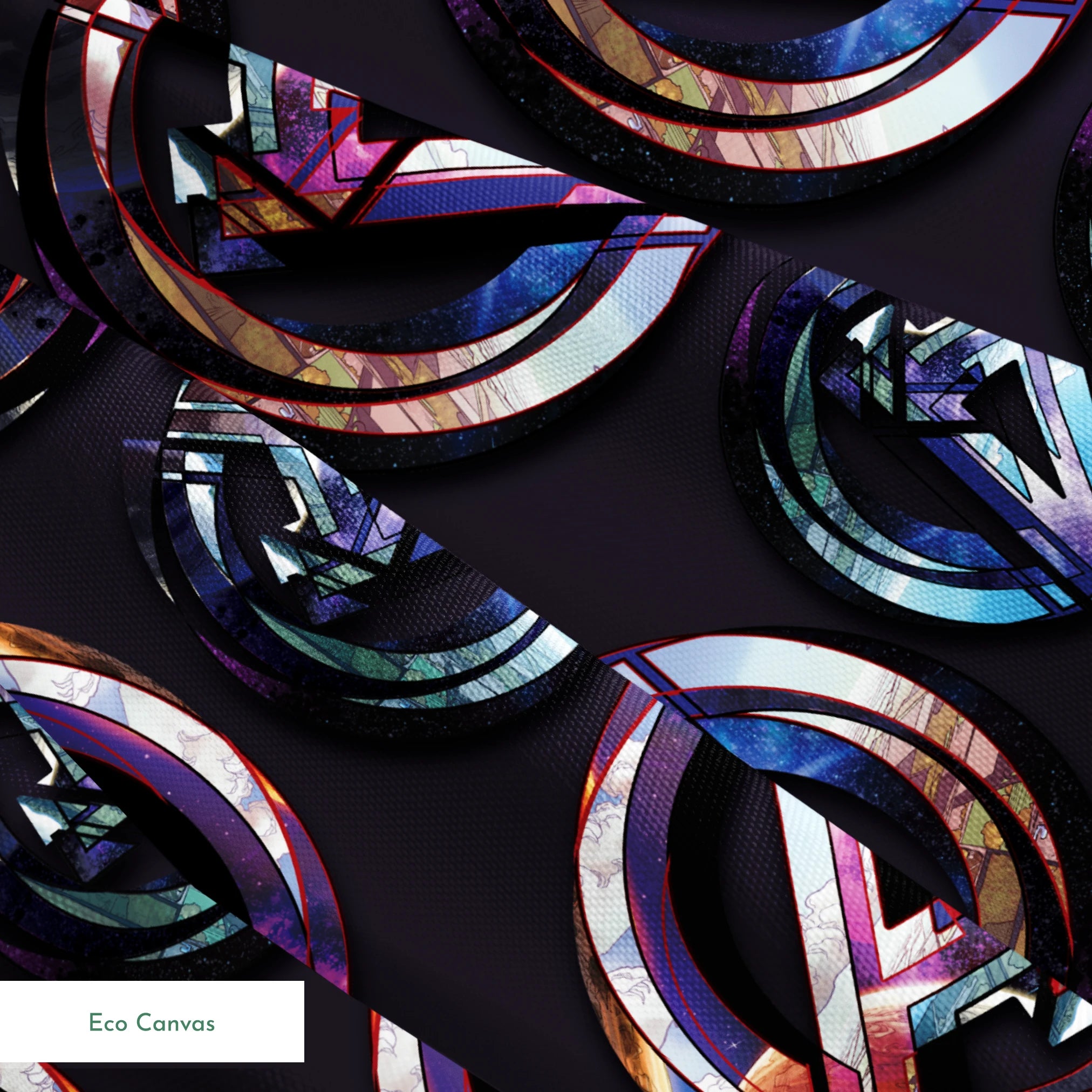 Colorful metallic Avengers logo pattern with iridescent purple and blue reflections on dark background springs ecocanvas texture