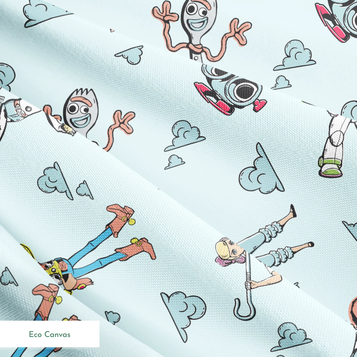 Cartoon characters from "Toy Story" floating on light blue background with cloud patterns springs ecocanvas texture