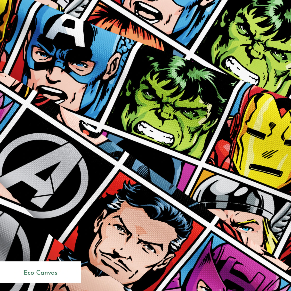 Marvel Avengers character portraits in comic style grid with colorful backgrounds showing superheroes and their iconic looks. springs ecocanvas texture