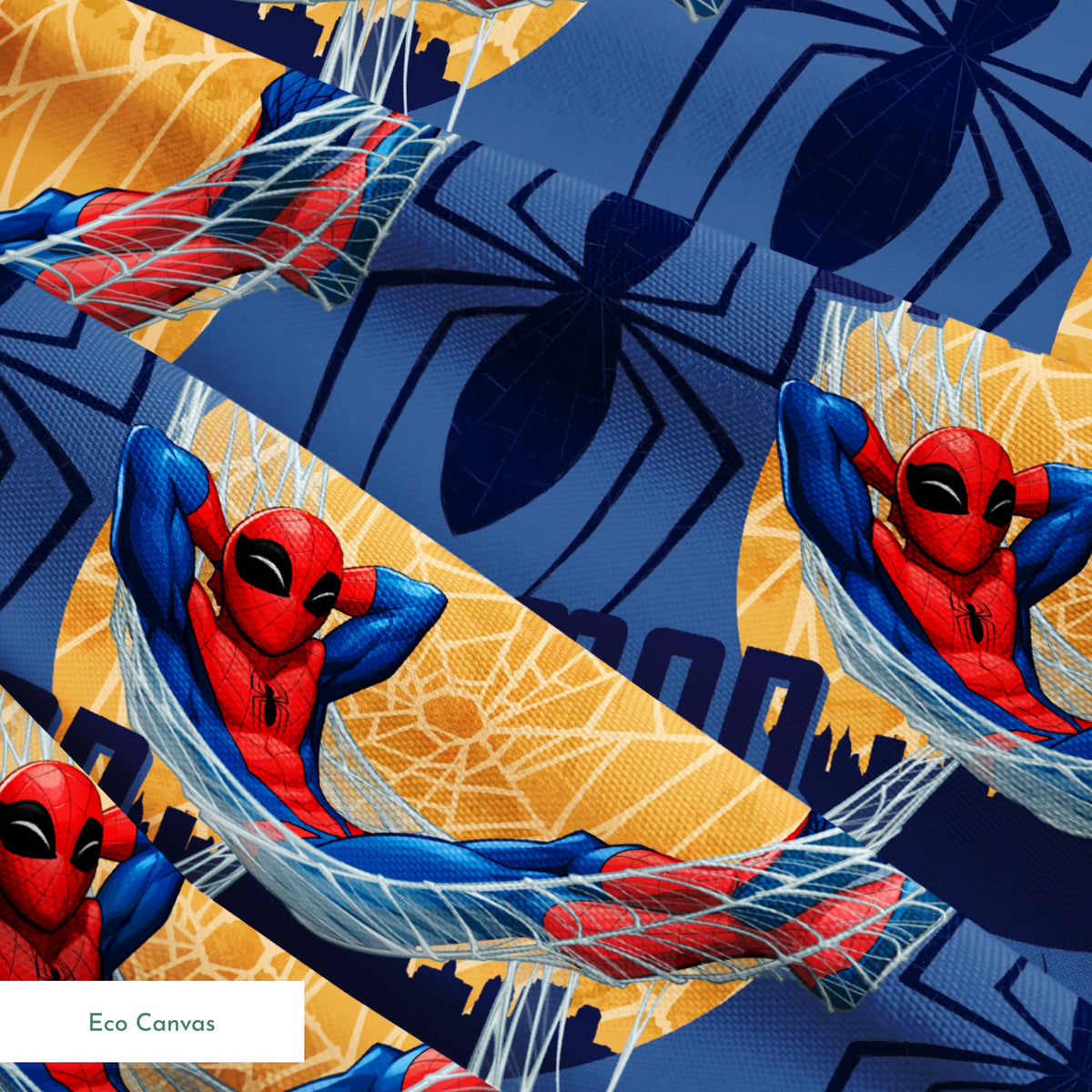 Spider-Man pattern with cartoon superhero in red and blue swinging on webbing against navy and gold background springs ecocanvas texture