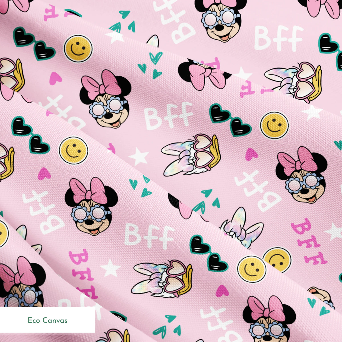 Pink background with Minnie Mouse pattern featuring bows, heart sunglasses, smiley faces, and "BFF" text in playful colors. springs ecocanvas texture