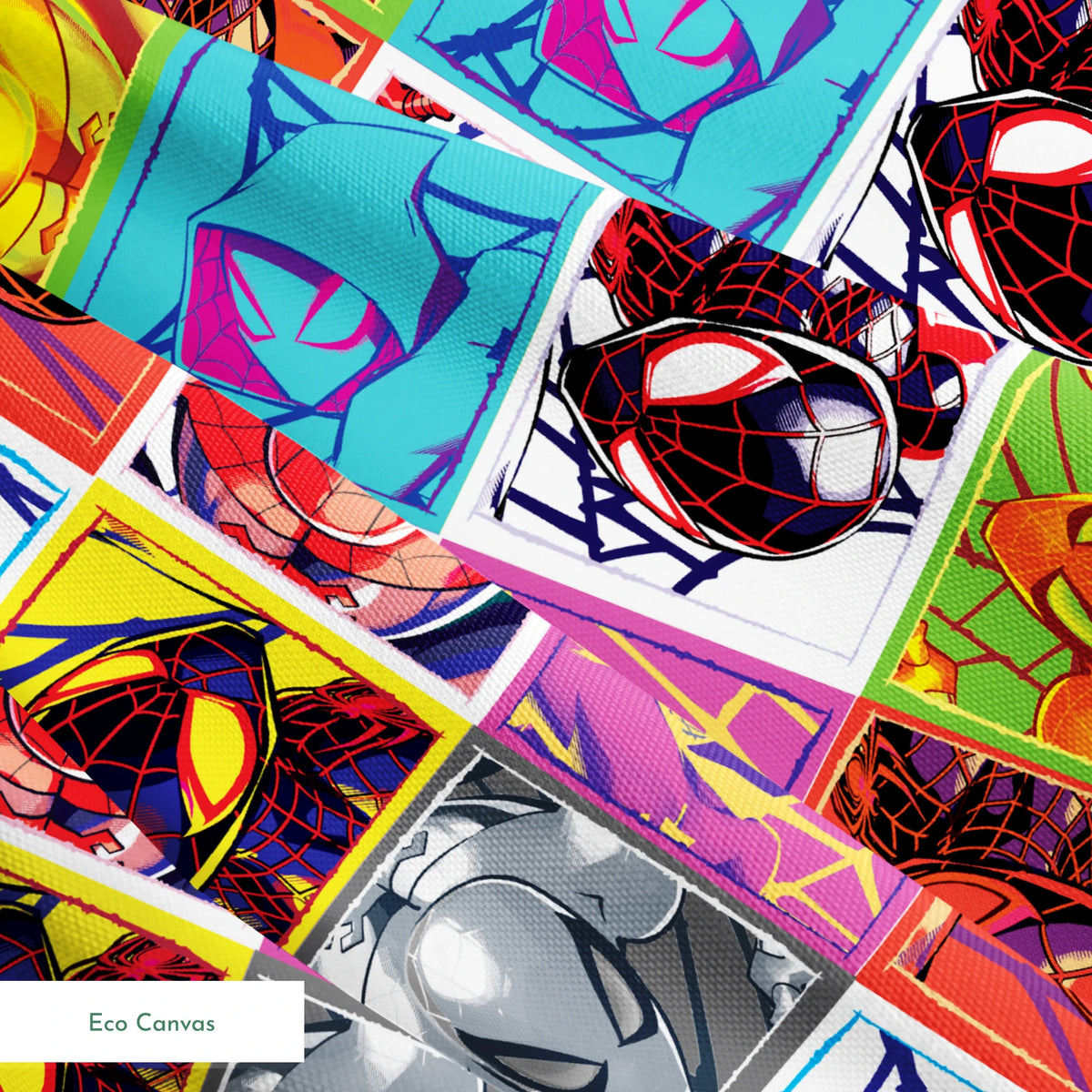 Colorful pop art grid of nine Spiderman designs in vibrant color schemes springs ecocanvas texture