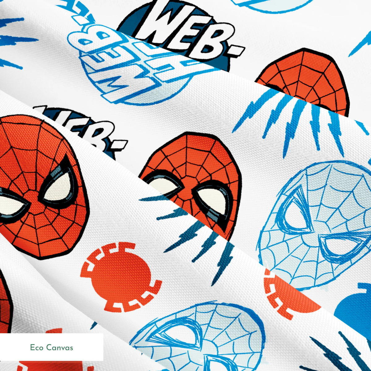 Spider-Man masks pattern with blue and red heads, "WEB HEAD" text, and radiating lines on white background. springs ecocanvas texture