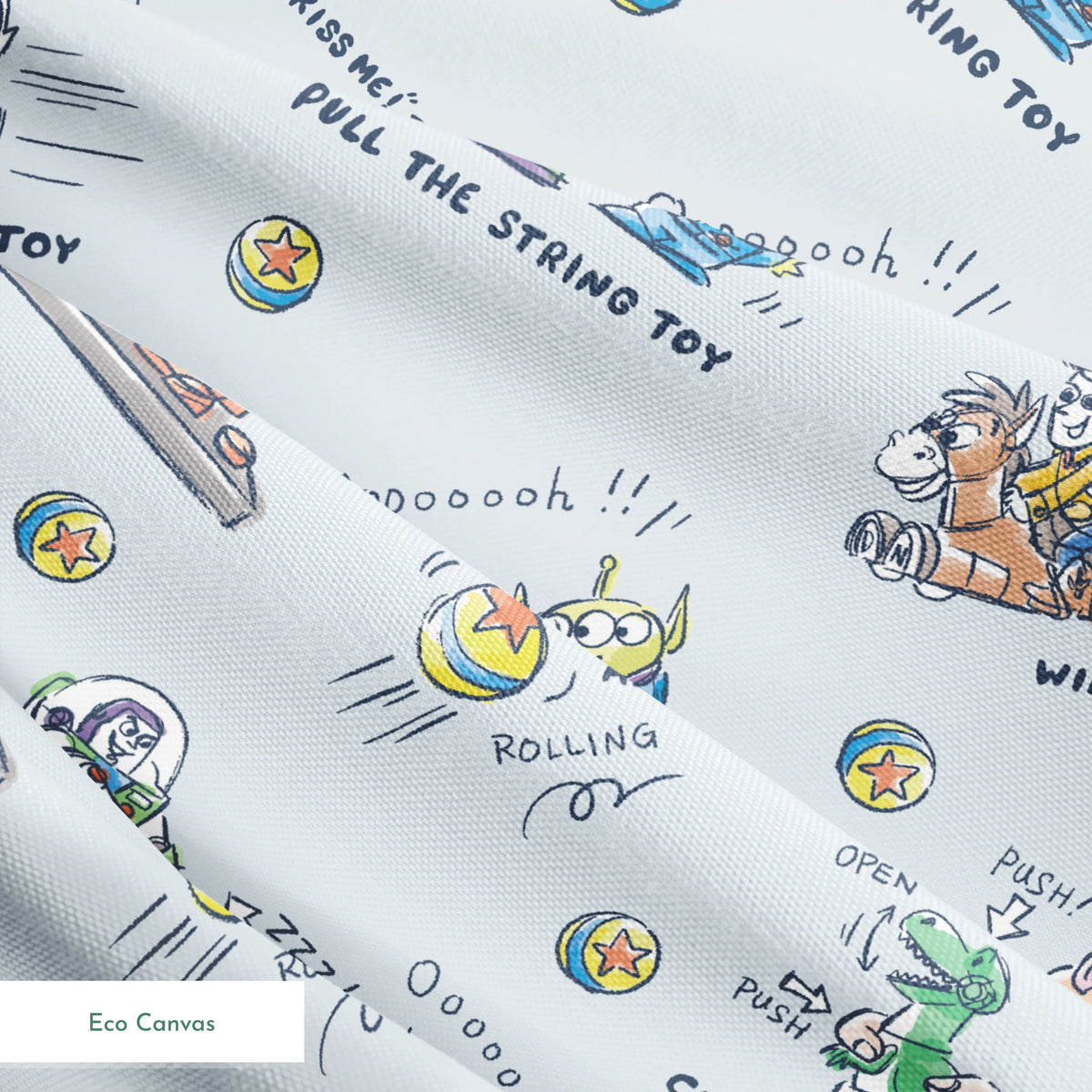 Illustrated Toy Story character designs showing wind-up, pull string, and action toys on light blue background springs ecocanvas texture