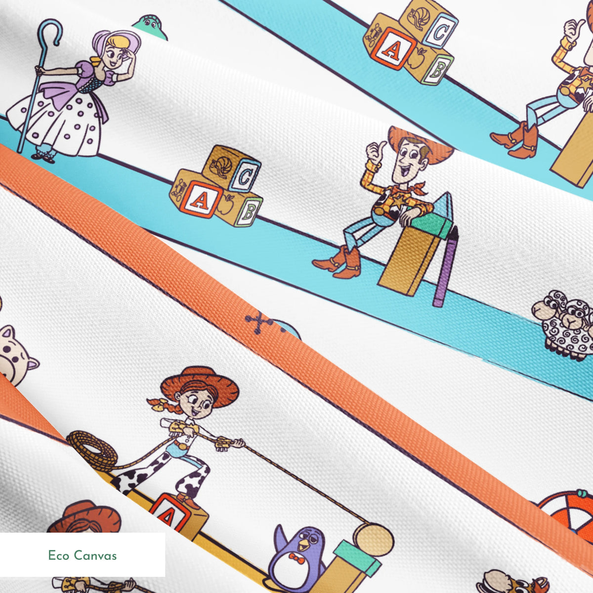 Cartoon illustration of three rows showing different Toy Story characters in action - Woody, Buzzlightyear, Jessie, & more! springs ecocanvas texture