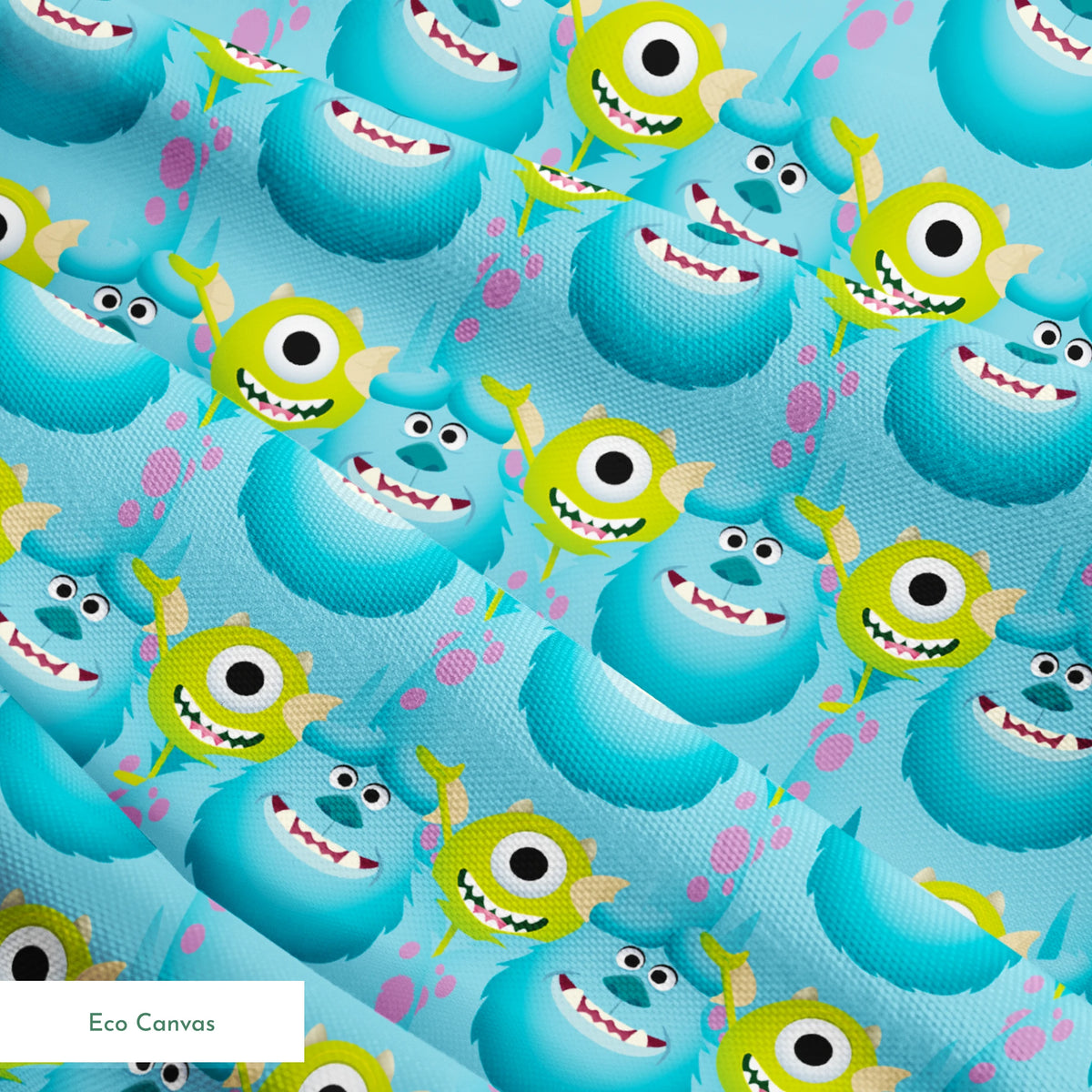Repeating pattern of Monsters Inc characteres - Mike & Sulley on light blue background. springs ecocanvas texture