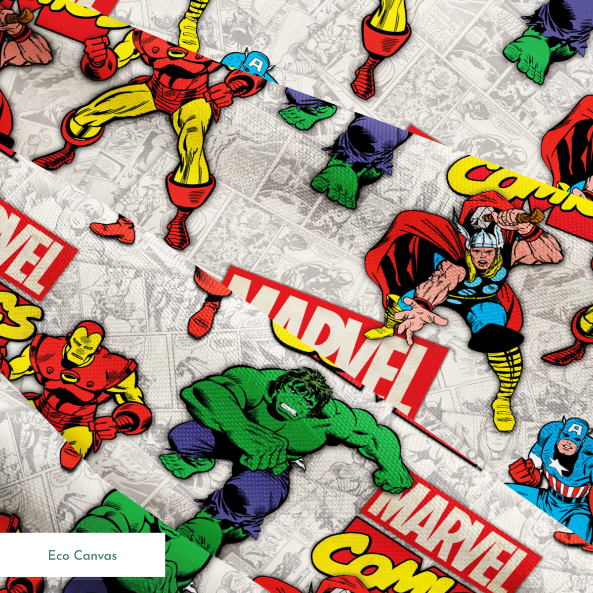Marvel Comics collage pattern featuring iconic superheroes in action poses against comic book page background springs ecocanvas texture
