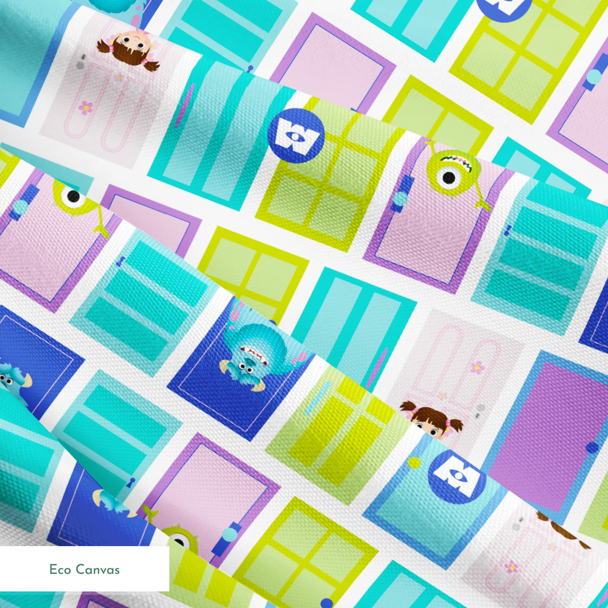 Colorful cartoon monster doors pattern inspired by Monsters Inc. with teal, purple, and green doors springs ecocanvas texture