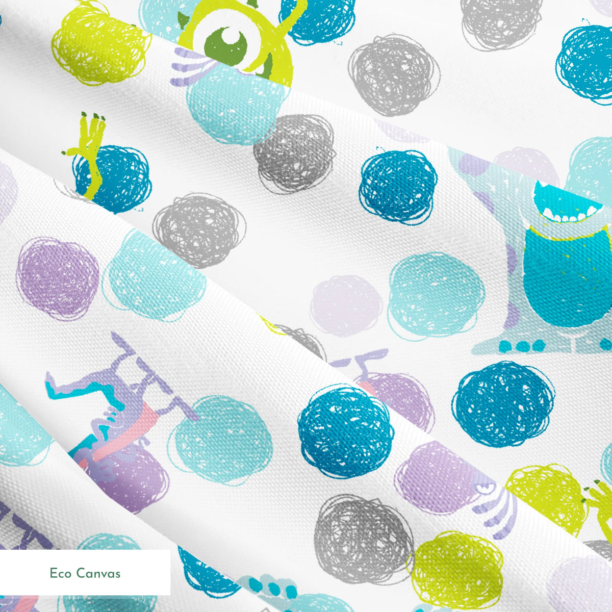 Colorful pattern featuring cartoon monsters with polka dots in blue, green, and purple on white background springs ecocanvas texture