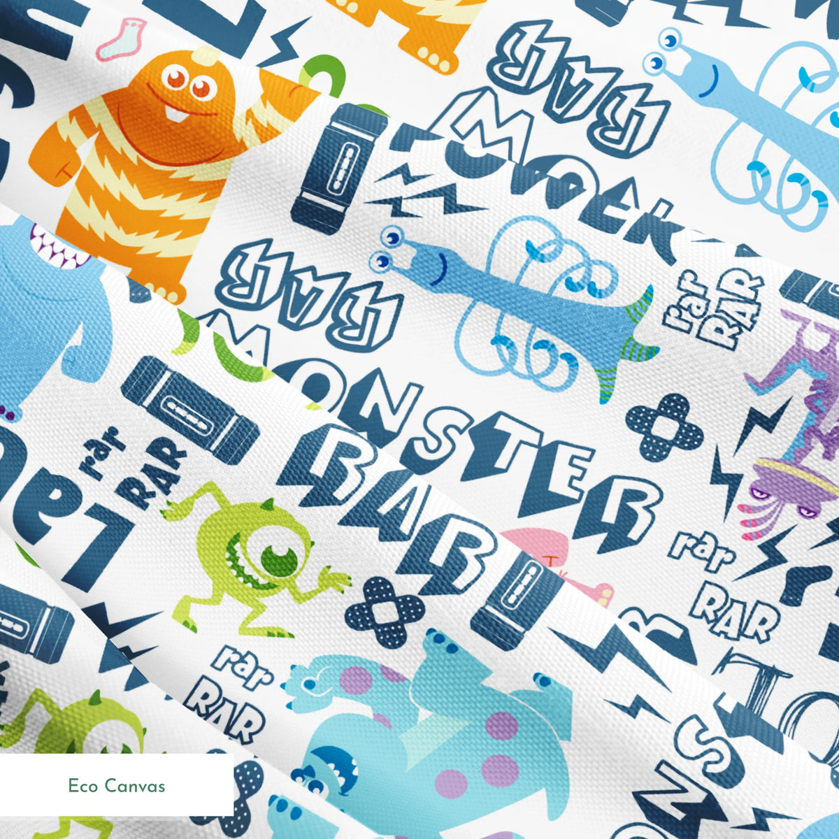 Colorful Monsters Inc doodle pattern with playful characters and text like "Laugh," "Power," and "Monster" in blue and vibrant colors. springs ecocanvas texture