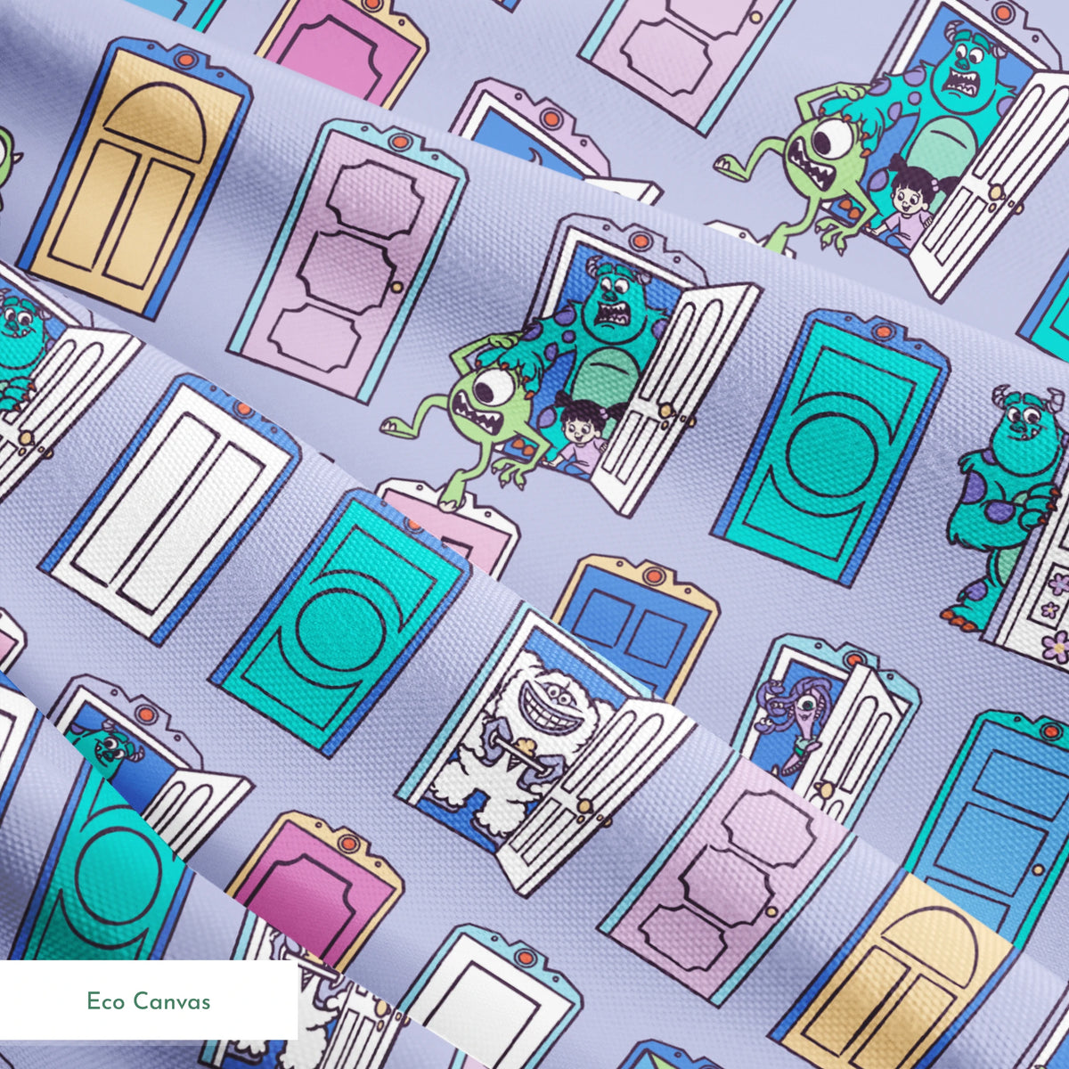 Colorful pattern of cartoon monster characters peeking through various doors in purple, blue, pink, and green on a lavender background. springs ecocanvas texture