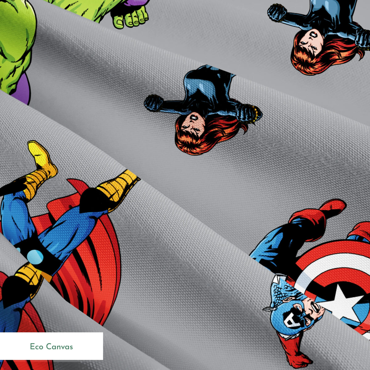 Marvel superheroes pattern with Hulk, Thor, Captain America, and Iron Man on gray background springs ecocanvas texture