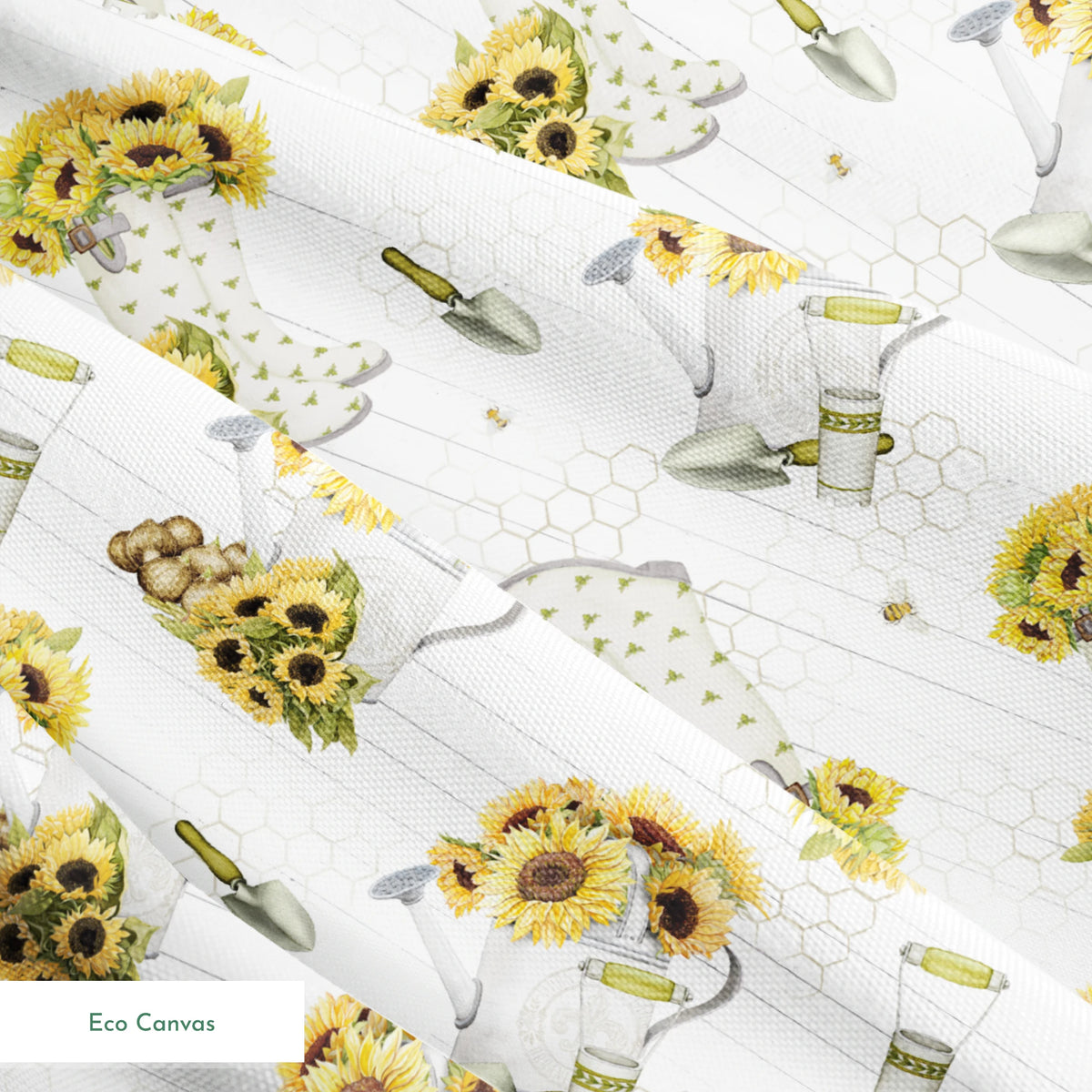Sunflower-filled watering cans with bees, trowels, and garden tools on a white shiplap and honeycomb background. Designed by Nicole Tamarin. springs ecocanvas texture