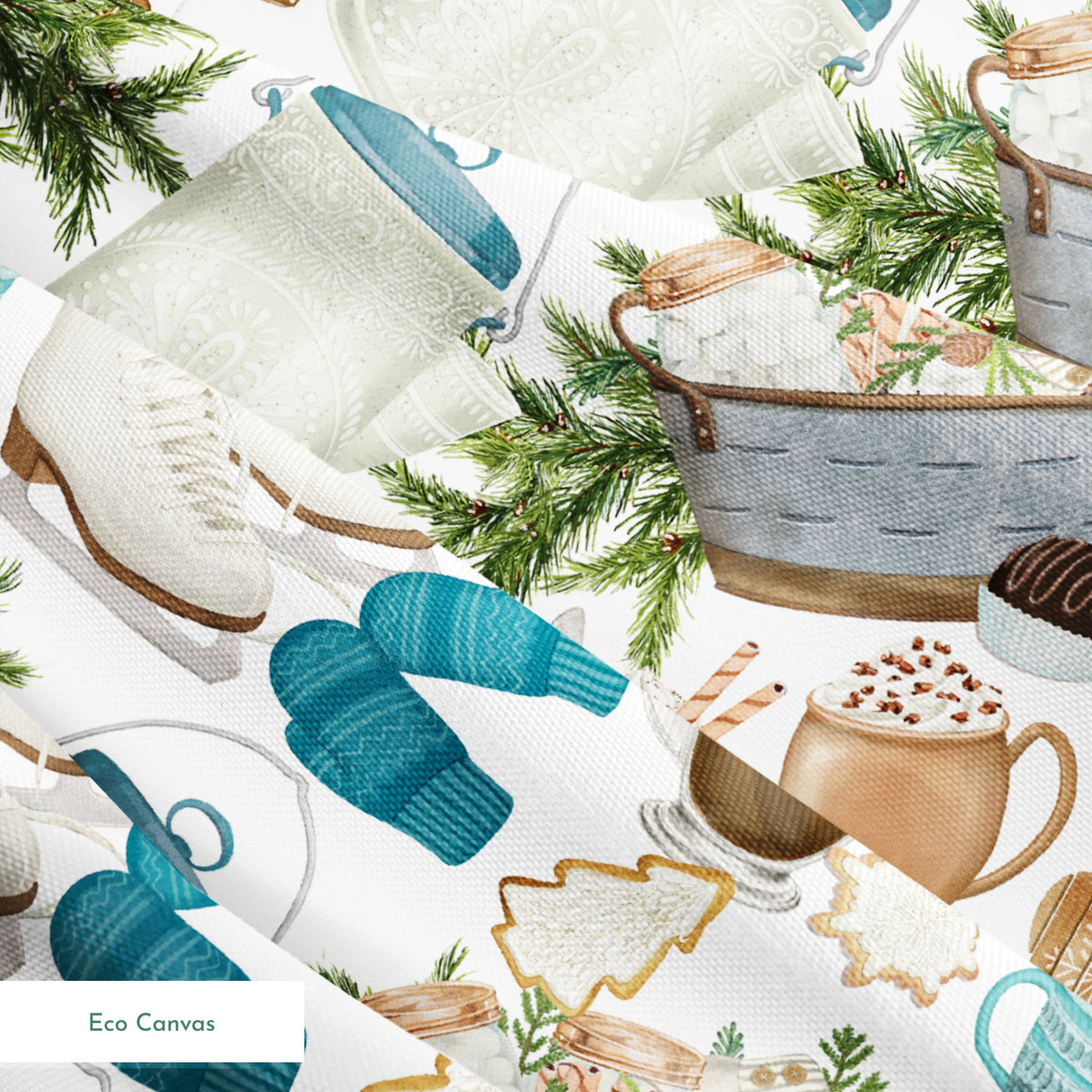 Winter-themed pattern featuring cocoa mugs, ice skates, mittens, pine branches, and holiday cookies in neutral and blue tones by Nicole Tamarin. springs ecocanvas texture