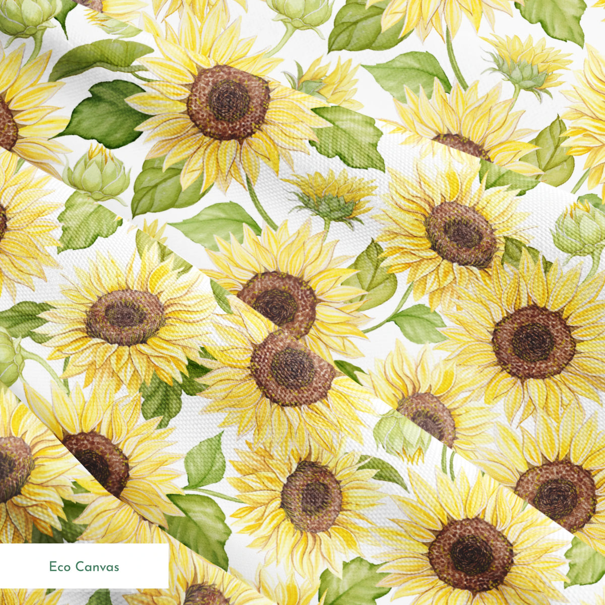 Watercolor-style packed sunflower pattern with yellow blooms and green leaves on a white background, designed by Nicole Tamarin. springs ecocanvas texture