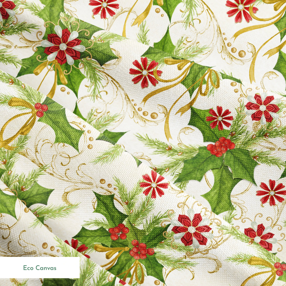 Festive pattern featuring holly leaves, pine branches, red floral medallions, and golden swirls on an ivory background by Nicole Tamarin. springs ecocanvas texture