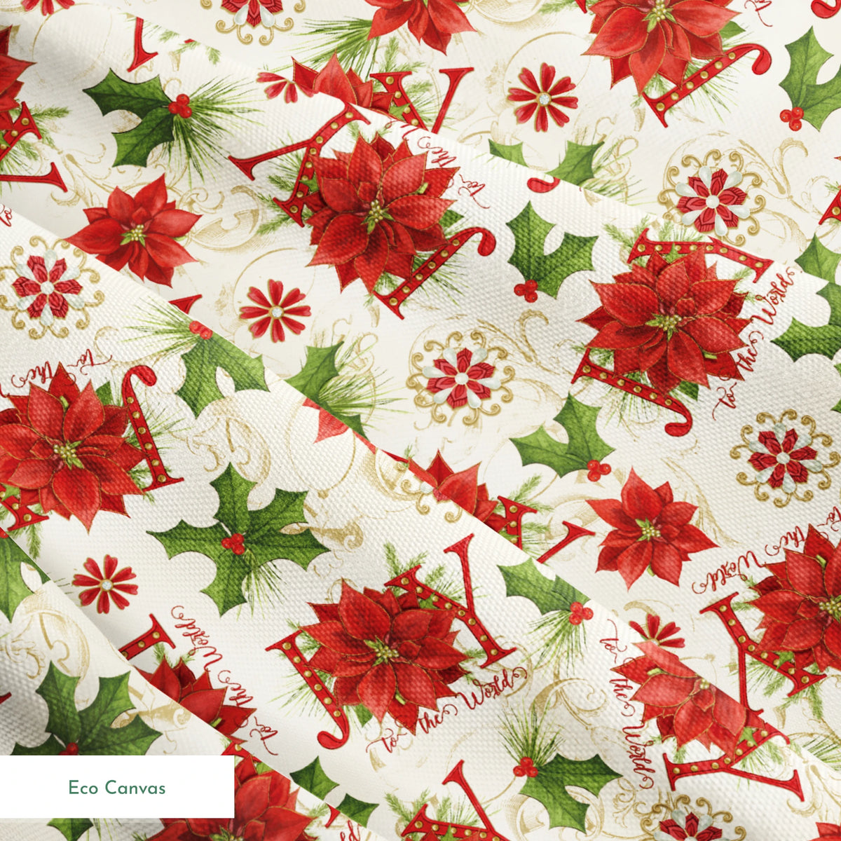 Red poinsettias, holly leaves, pine sprigs, and peppermint candy motifs with scattered “Joy” text in a festive holiday toss design by Nicole Tamarin. springs ecocanvas texture