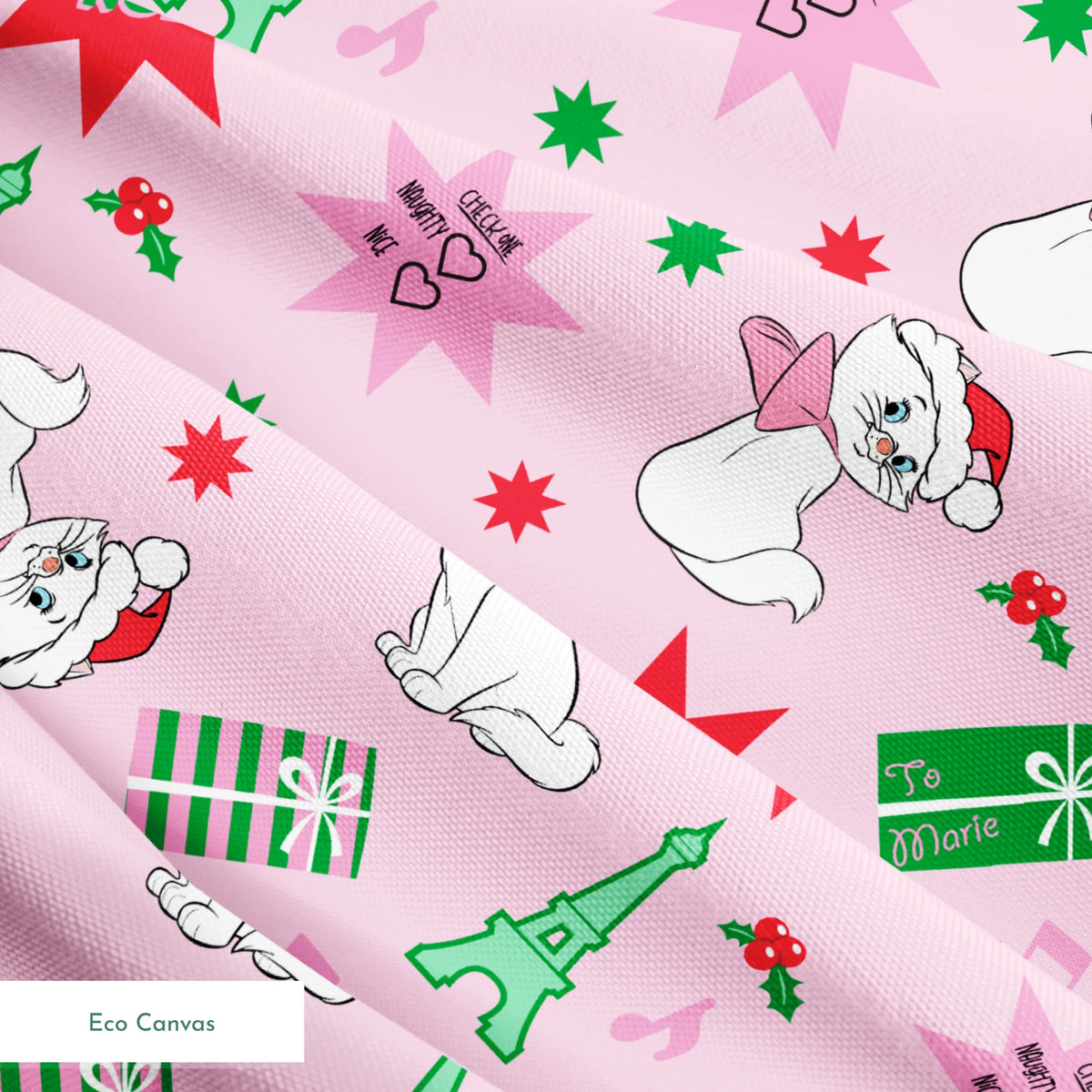 Holiday pattern with Marie from The Aristocats in Santa hats, Eiffel Towers, "Noel" text, and festive stars on pink background springs ecocanvas texture