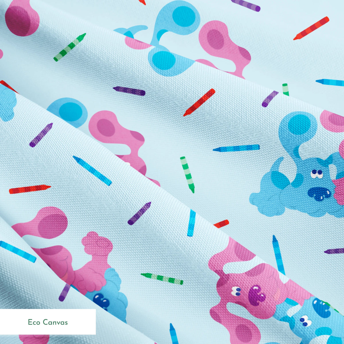 Playful pattern of cartoon blue and pink dogs with colorful stick accents on light blue background springs ecocanvas texture
