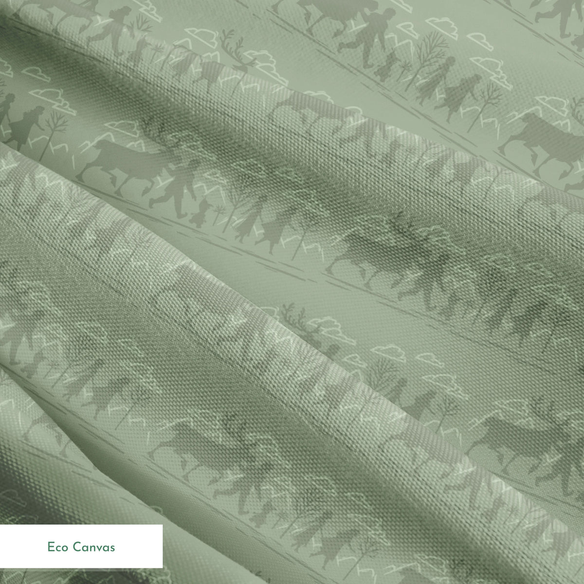 Muted green patterned design with repeating silhouettes of Frozen characters in horizontal bands springs ecocanvas texture