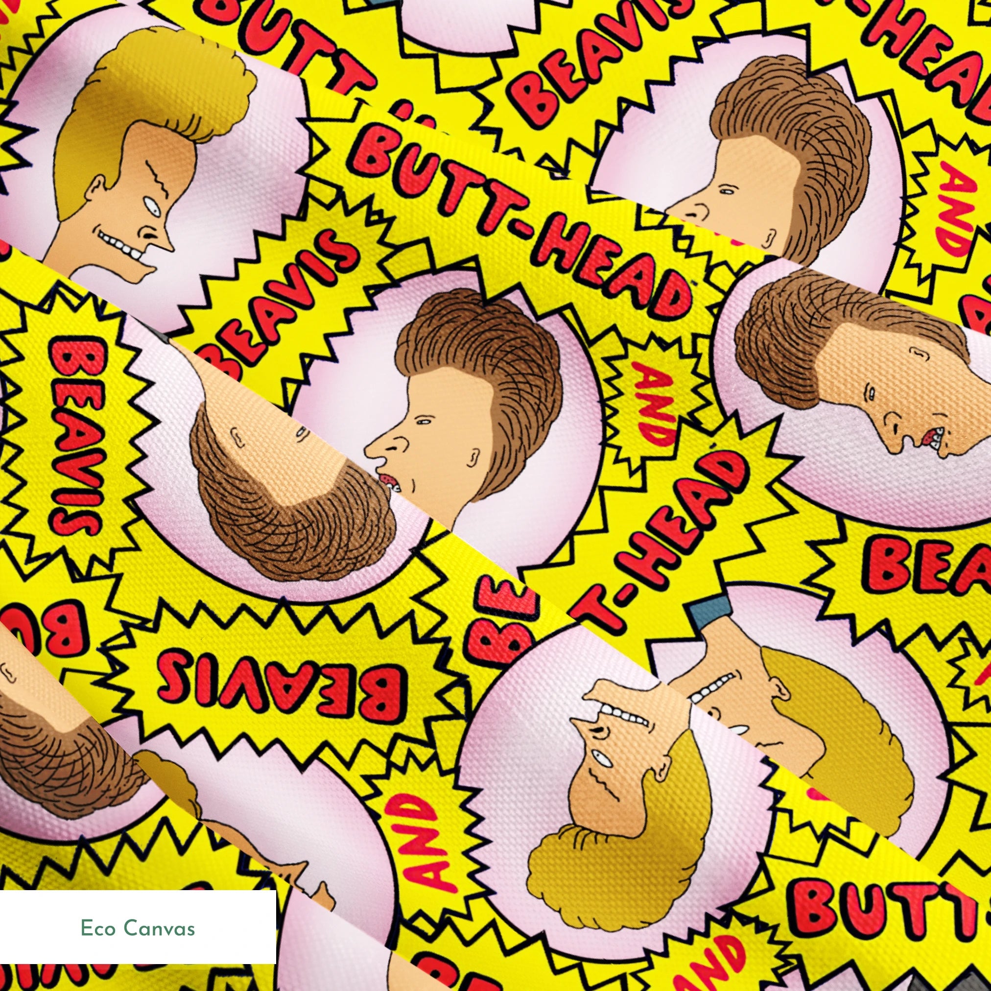 Yellow pattern with cartoon characters and text "BEAVIS" and "BUTT-HEAD" in comic-style speech bubbles repeated throughout springs ecocanvas texture