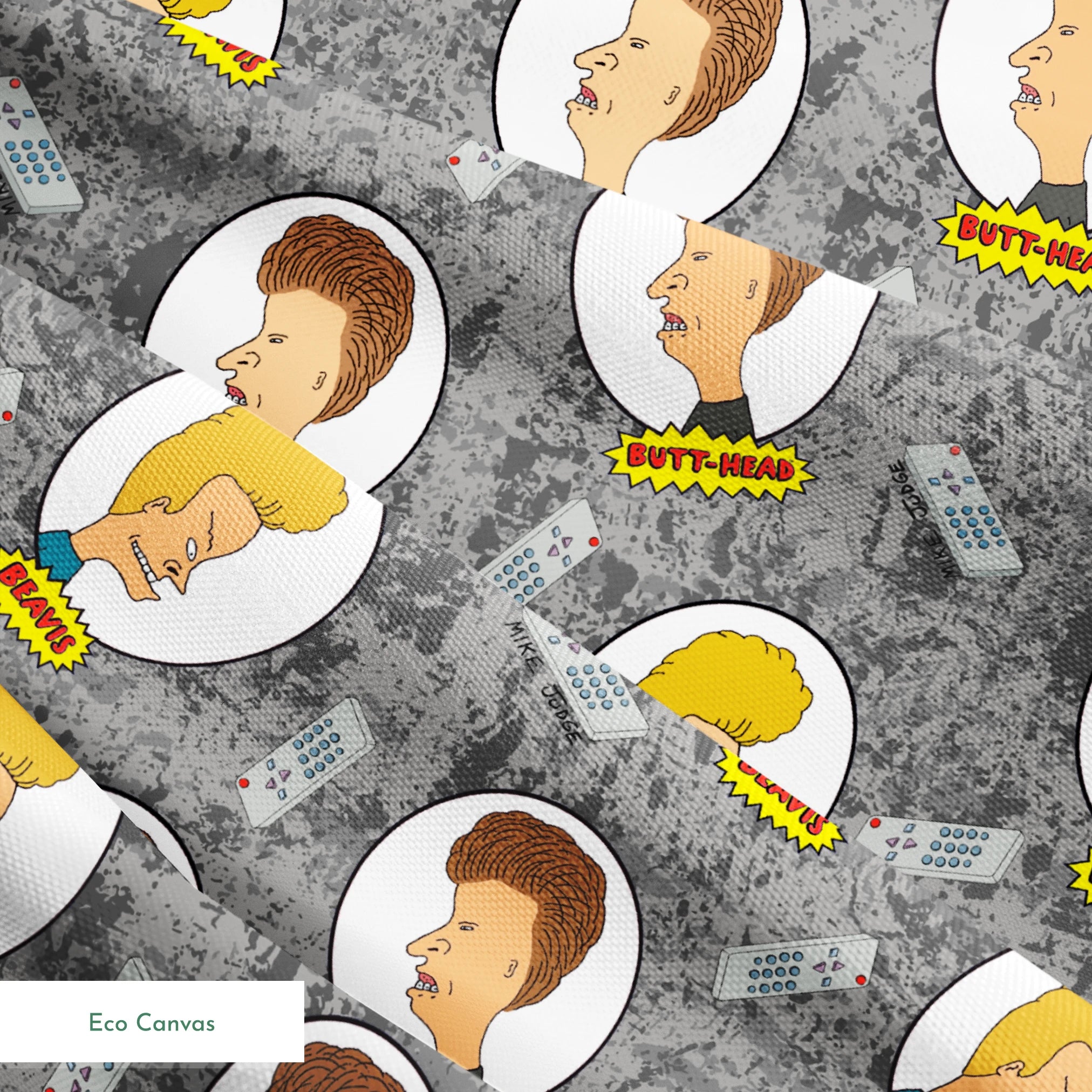 Cartoon pattern with blond and brown-haired animated characters in circular frames against a gray background with comic-style text bubbles. springs ecocanvas texture