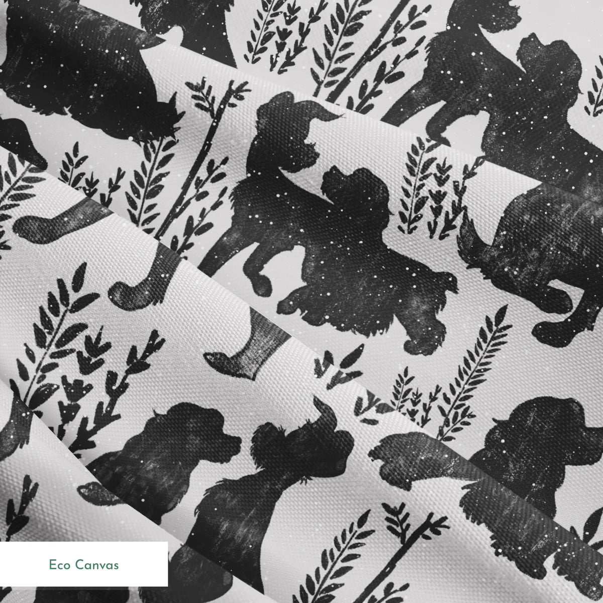 Repeating pattern of black dog silhouettes with decorative plant motifs on a light gray background springs ecocanvas texture