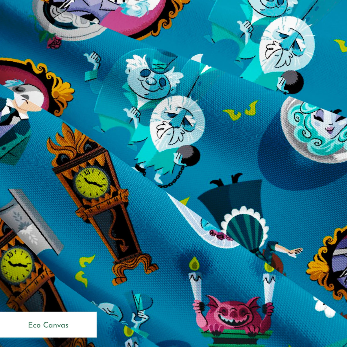 Haunted Mansion themed pattern with cartoon ghosts, portraits, coffins, and spooky elements on teal background springs ecocanvas texture