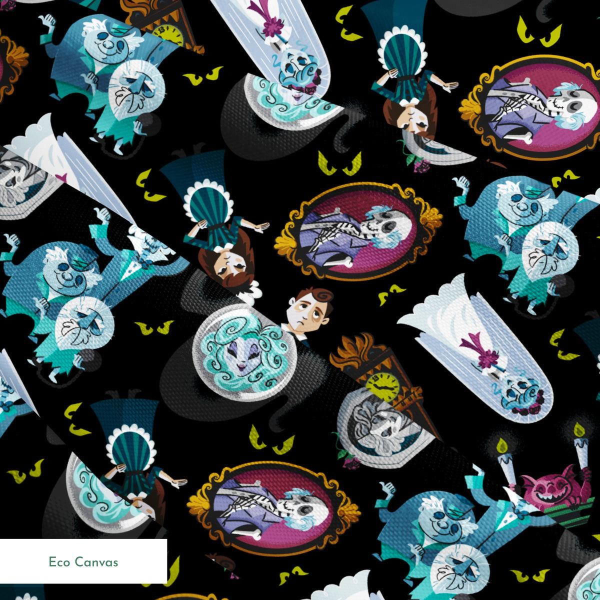 Haunted Mansion themed pattern with cartoon ghosts, characters, coffins, and spooky elements on black background springs ecocanvas texture