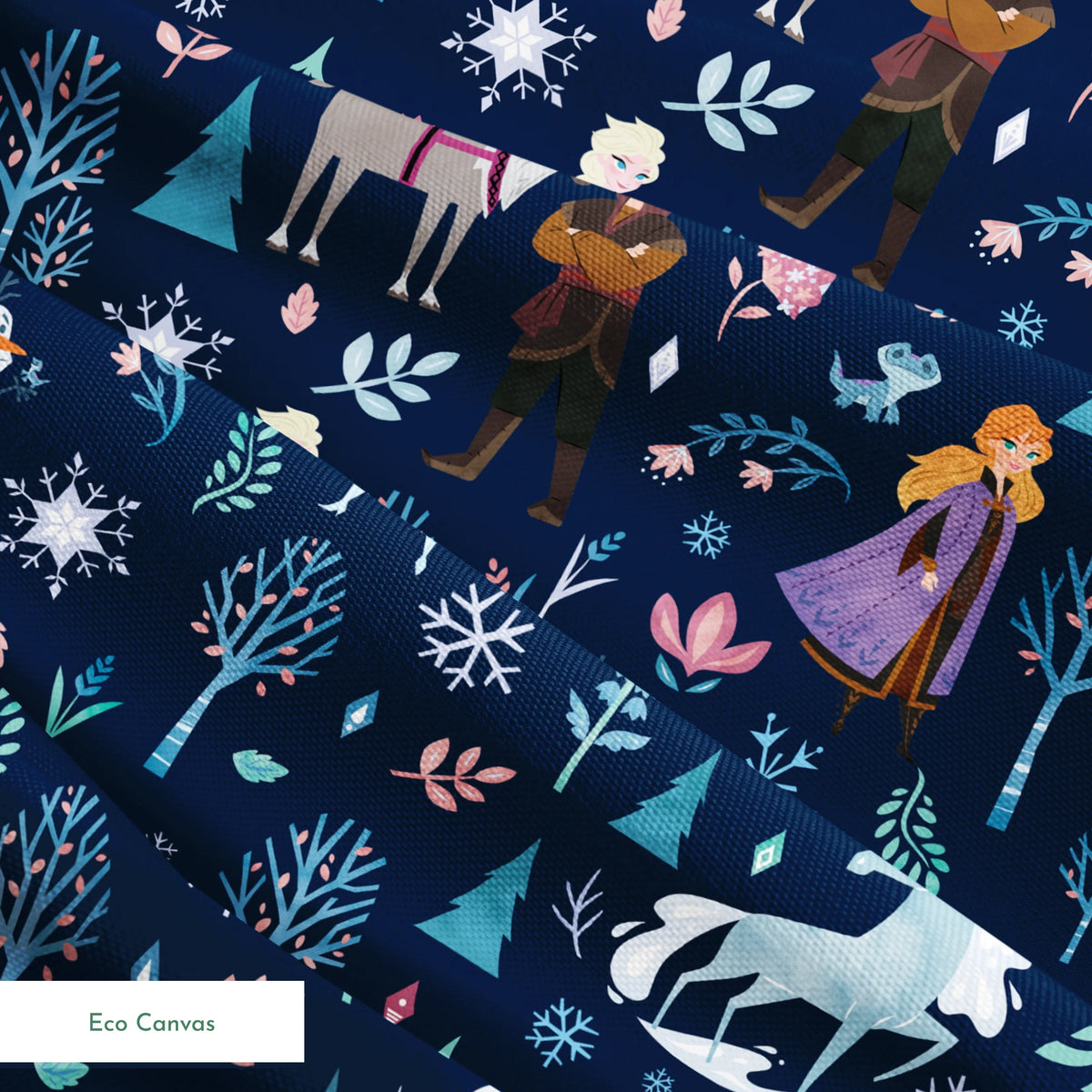 Illustrated Frozen pattern with Elsa, Anna, & friends, and floral elements on dark blue background springs ecocanvas texture
