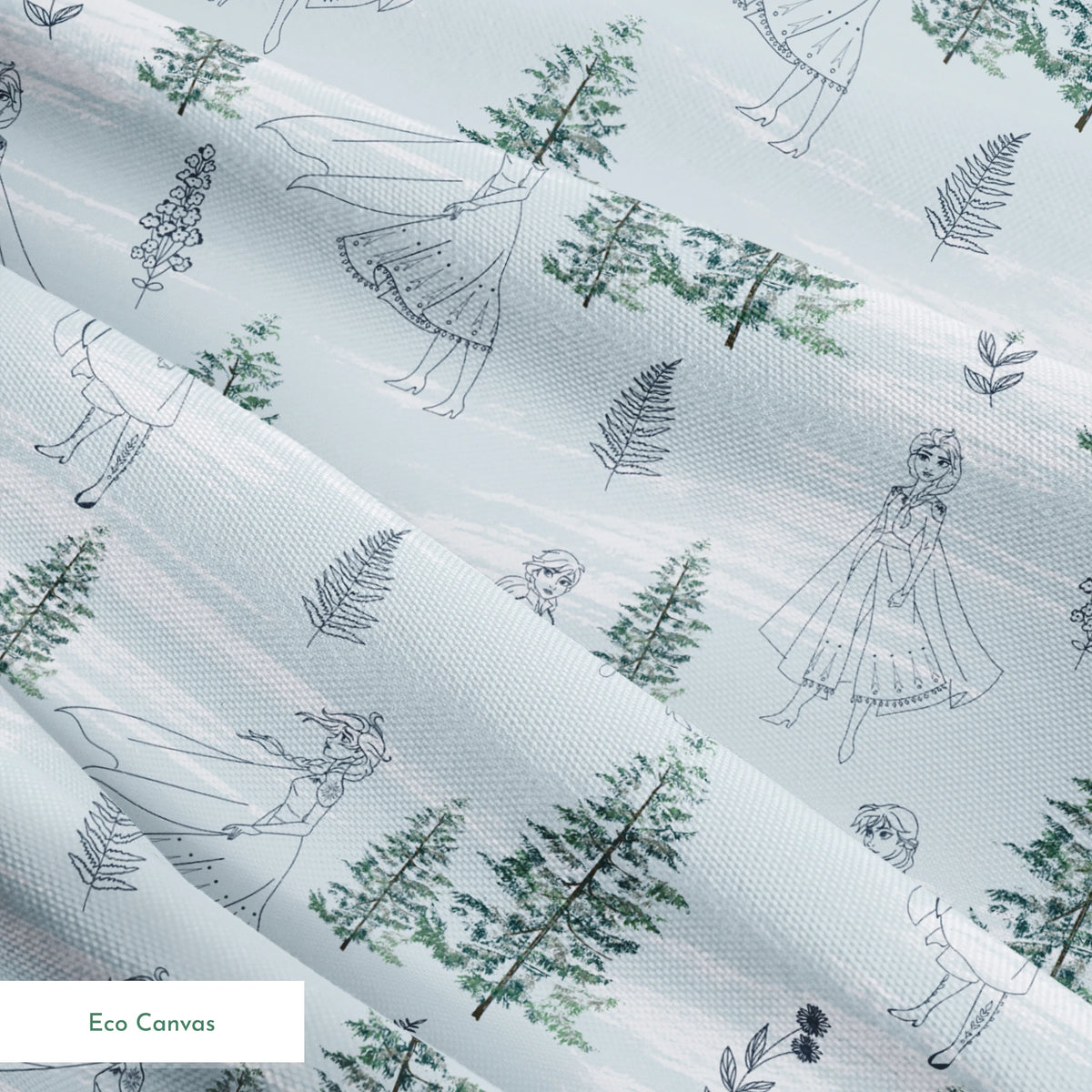 Pale blue pattern with delicate line drawings of pine trees, Elsa, and Anna across a wintry landscape springs ecocanvas texture